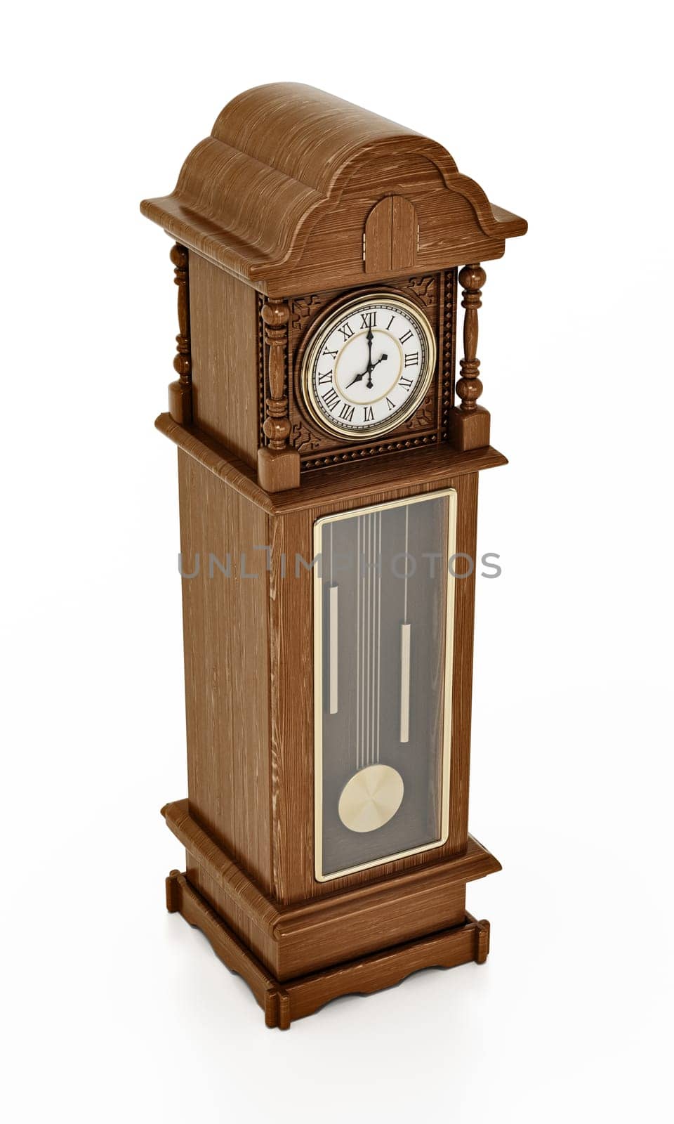 Antique pendulum clock isolated on white background. 3D illustration.