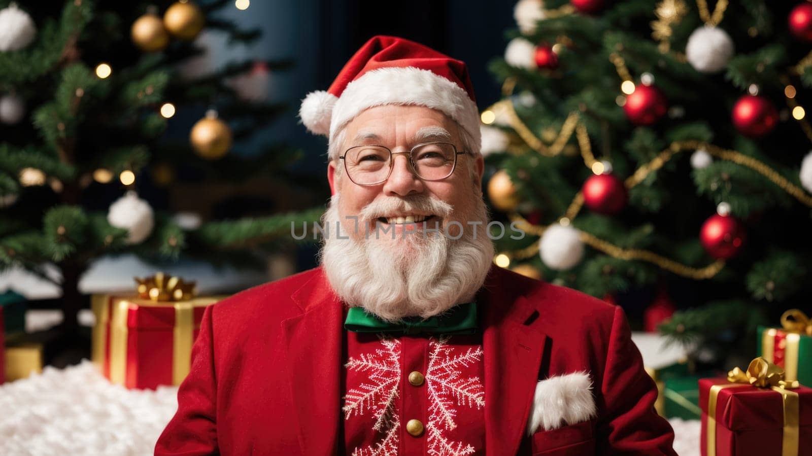 santa smiling in christmas with gifts and xmas tree, ai