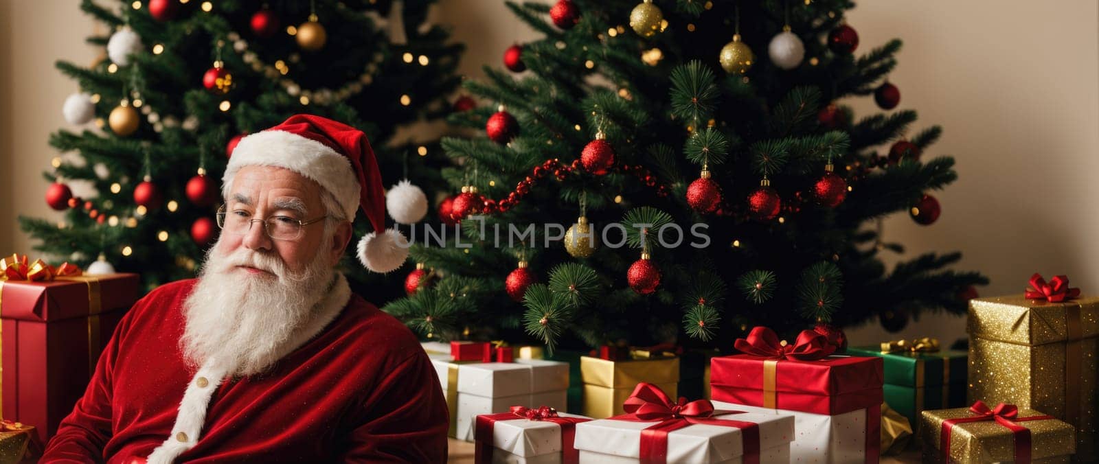 santa smiling in christmas with gifts and xmas tree, ai