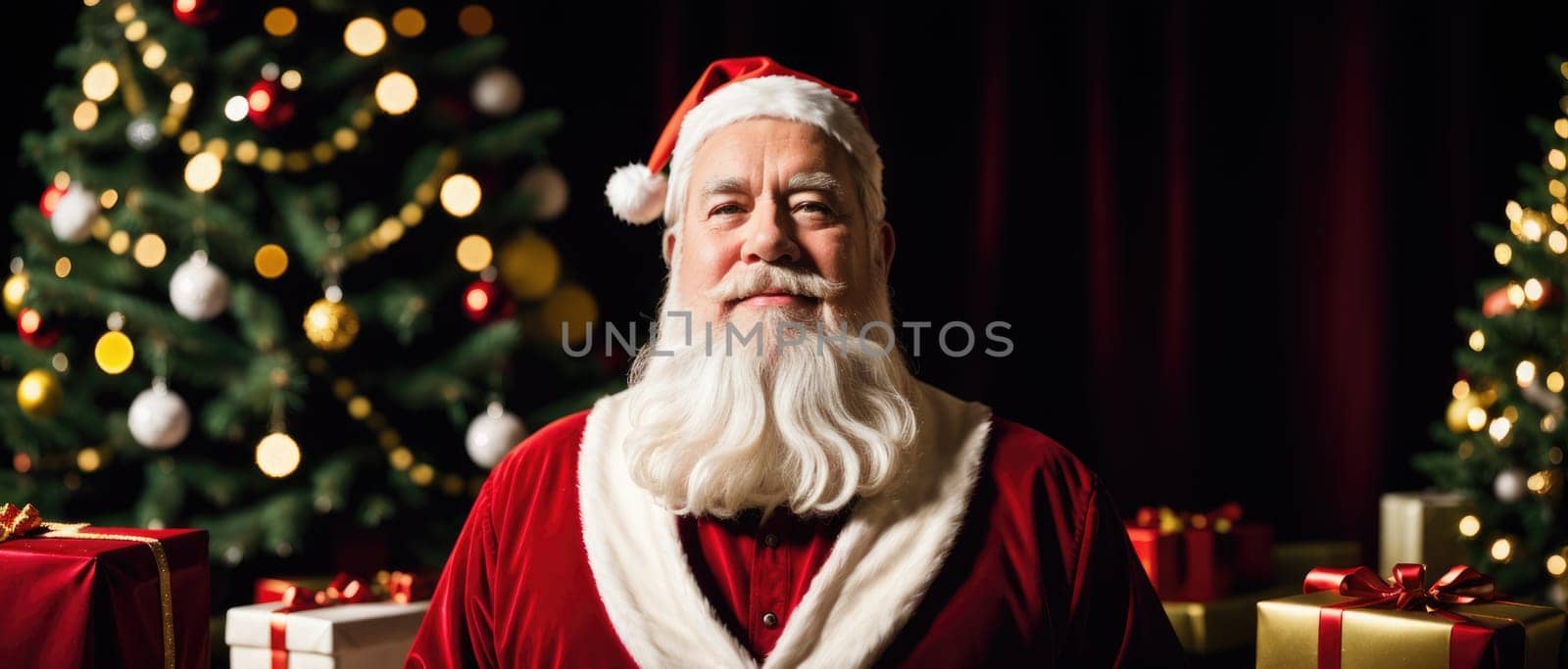 santa smiling in christmas with gifts and xmas tree, ai