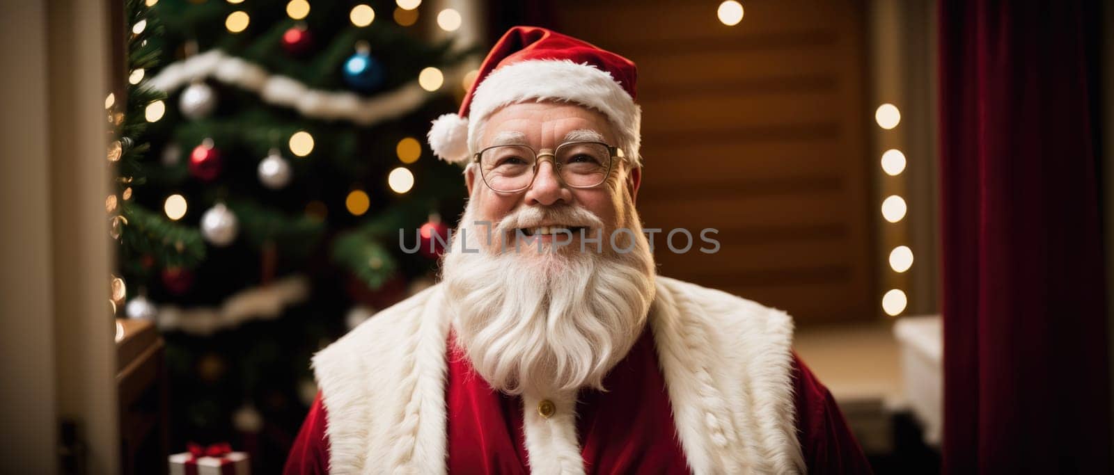santa smiling in christmas with gifts and xmas tree, ai