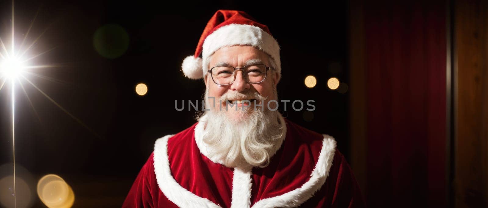 santa smiling in christmas with gifts and xmas tree, ai