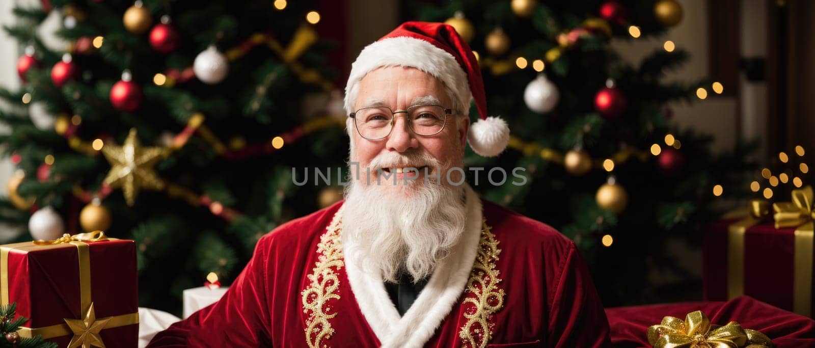 santa smiling in christmas with gifts and xmas tree, ai