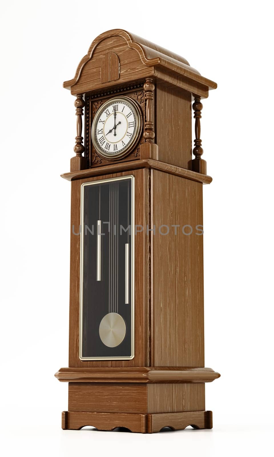 Antique pendulum clock isolated on white background. 3D illustration.