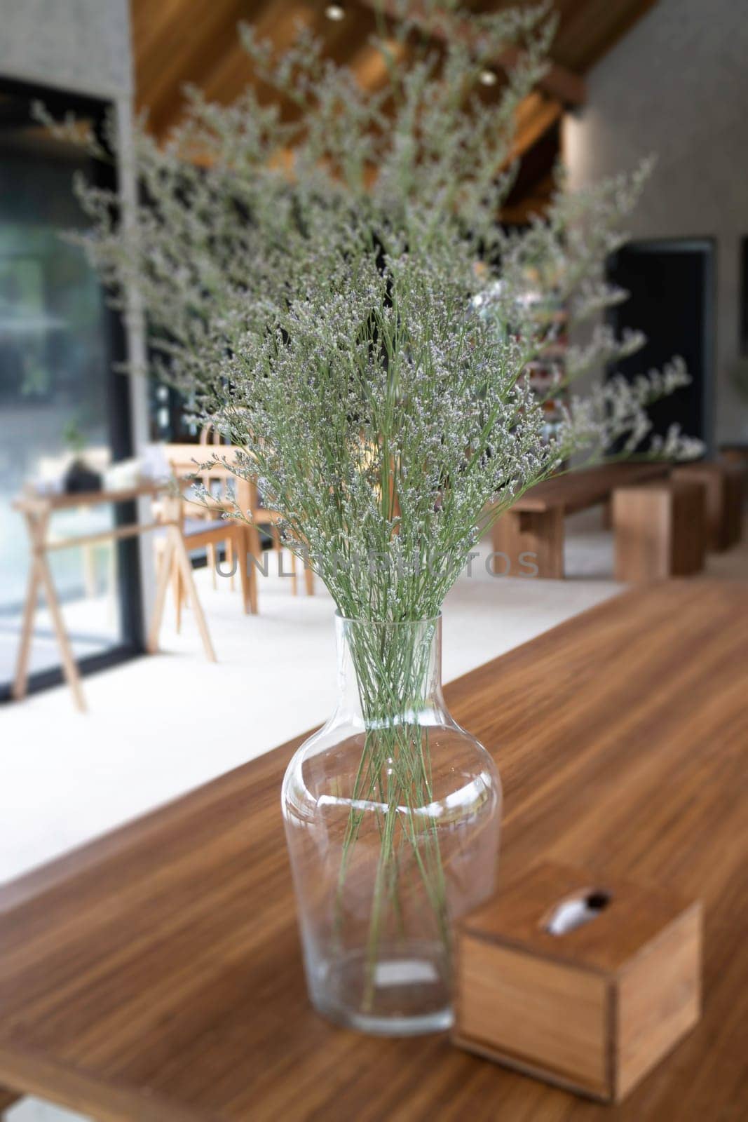 Coffee shop with wooden table, stock photo