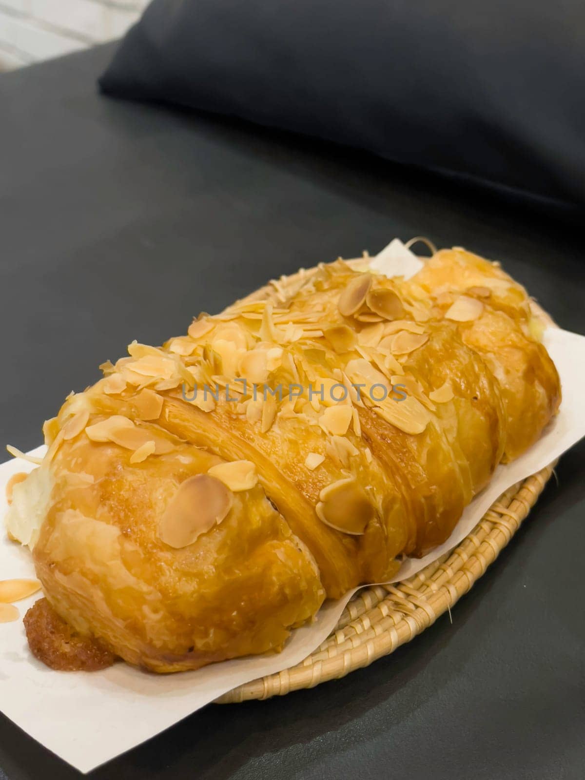 French breakfast with pastries at work from home, stock photo