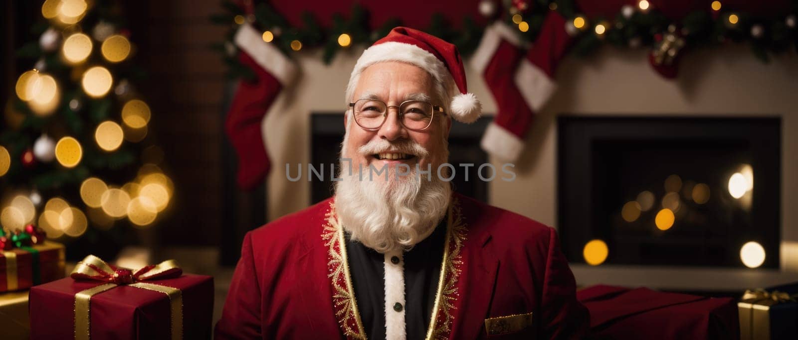 santa smiling in christmas with gifts and xmas tree, ai