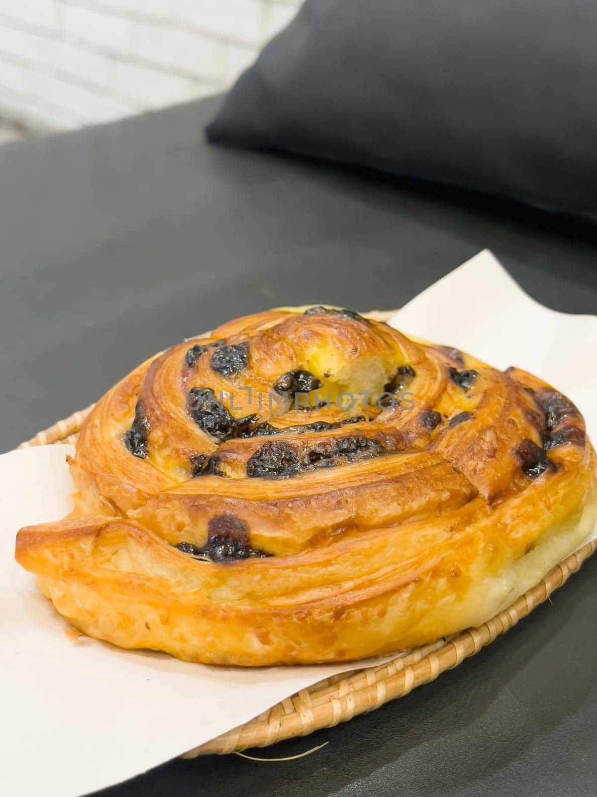 French breakfast with pastries at work from home, stock photo