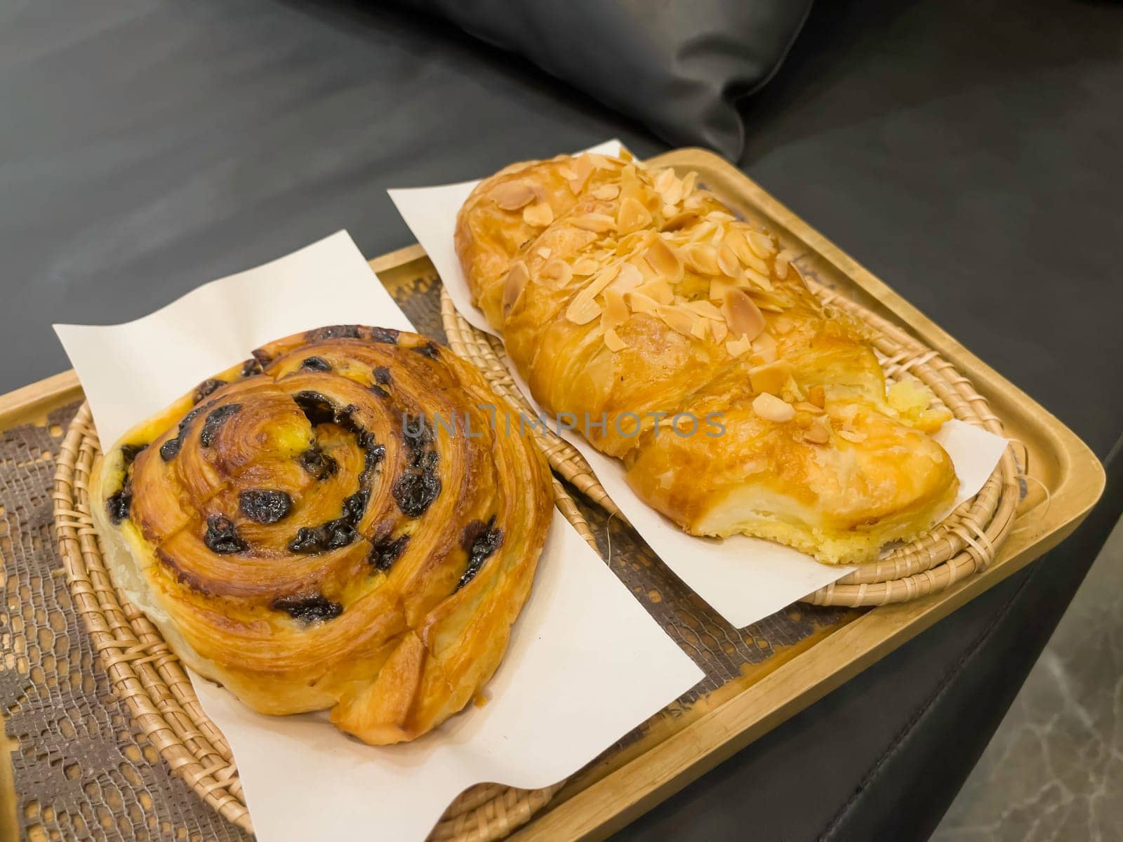 French breakfast with pastries at work from home, stock photo