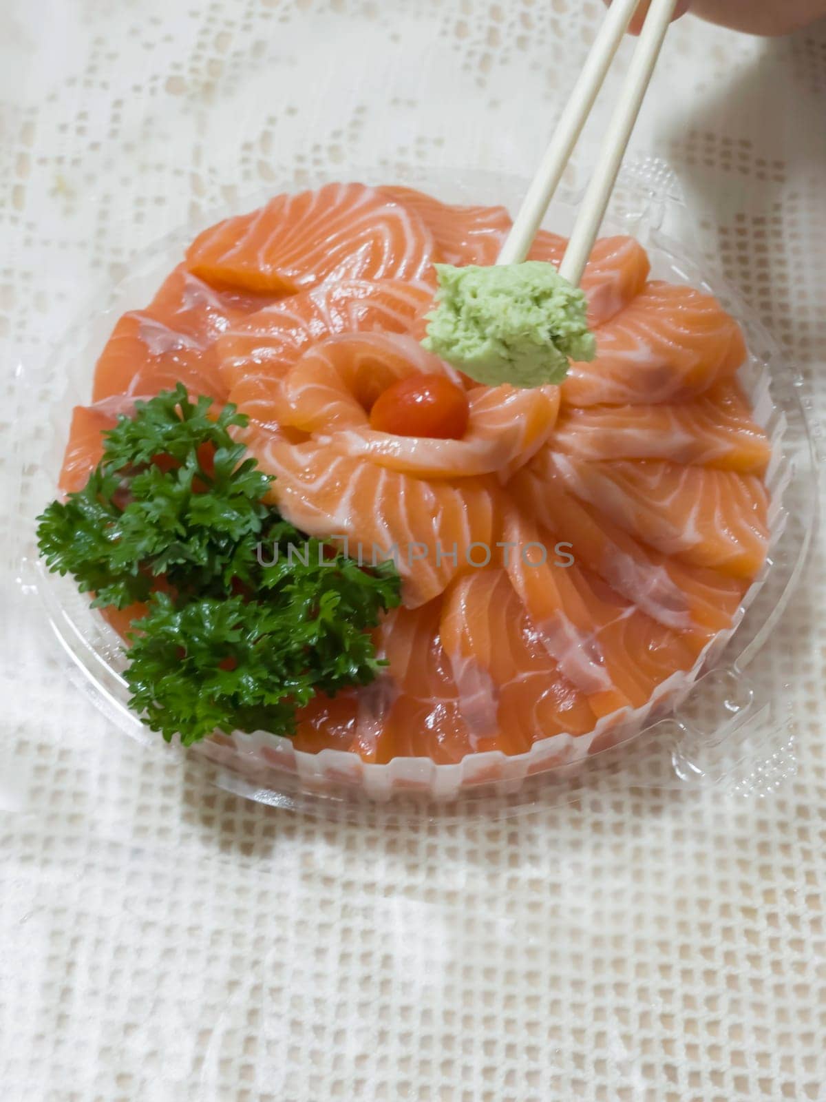 Fresh salmon sasimi set at home, stock photo