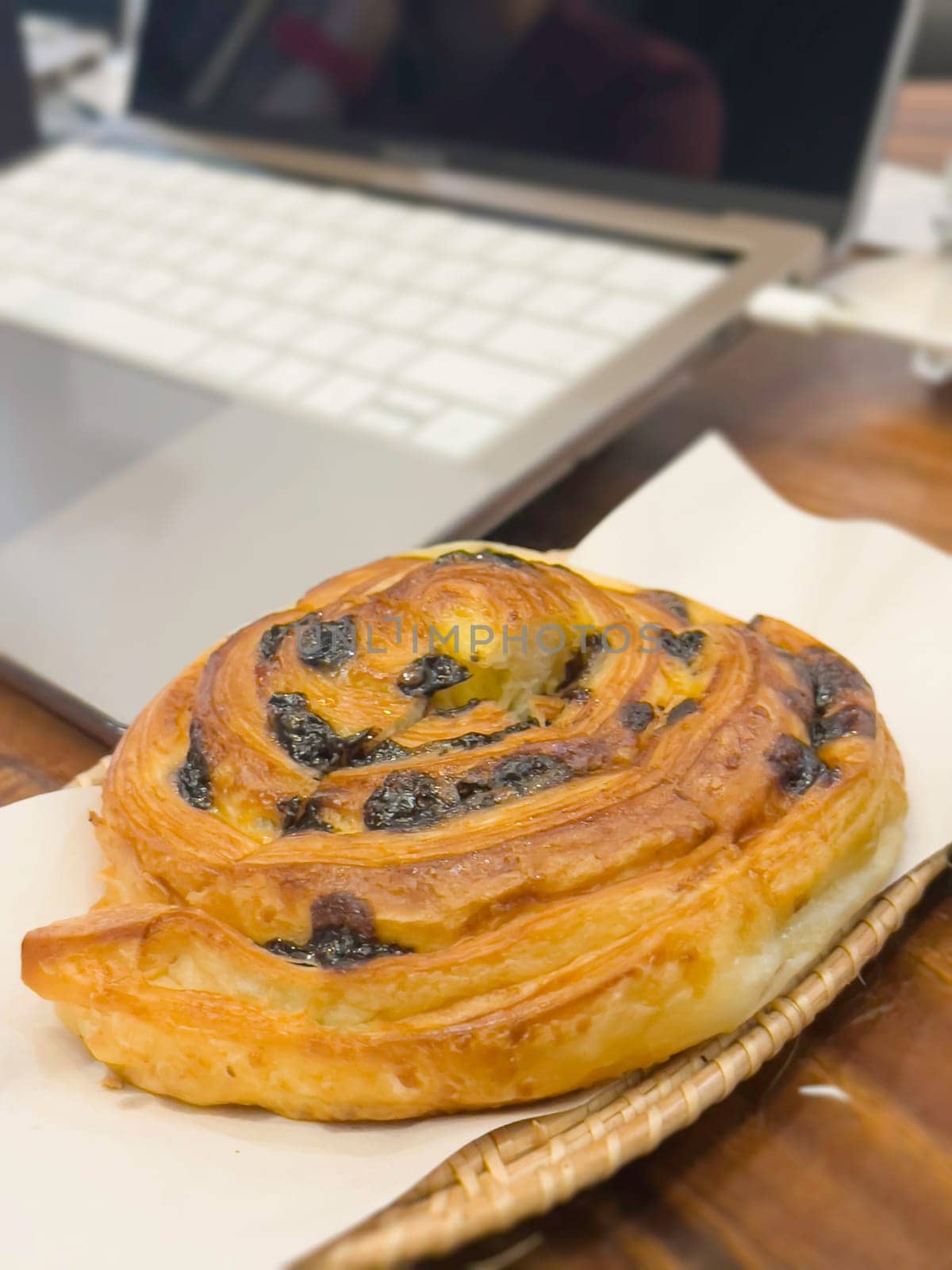 French breakfast with pastries at work from home, stock photo