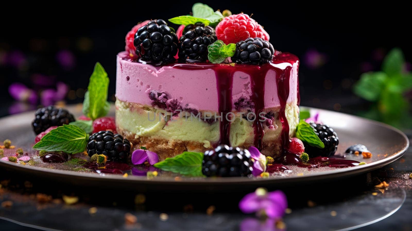 Delicious fresh blackberry and raspberry cake with cream cheese on a dark background. AI generated