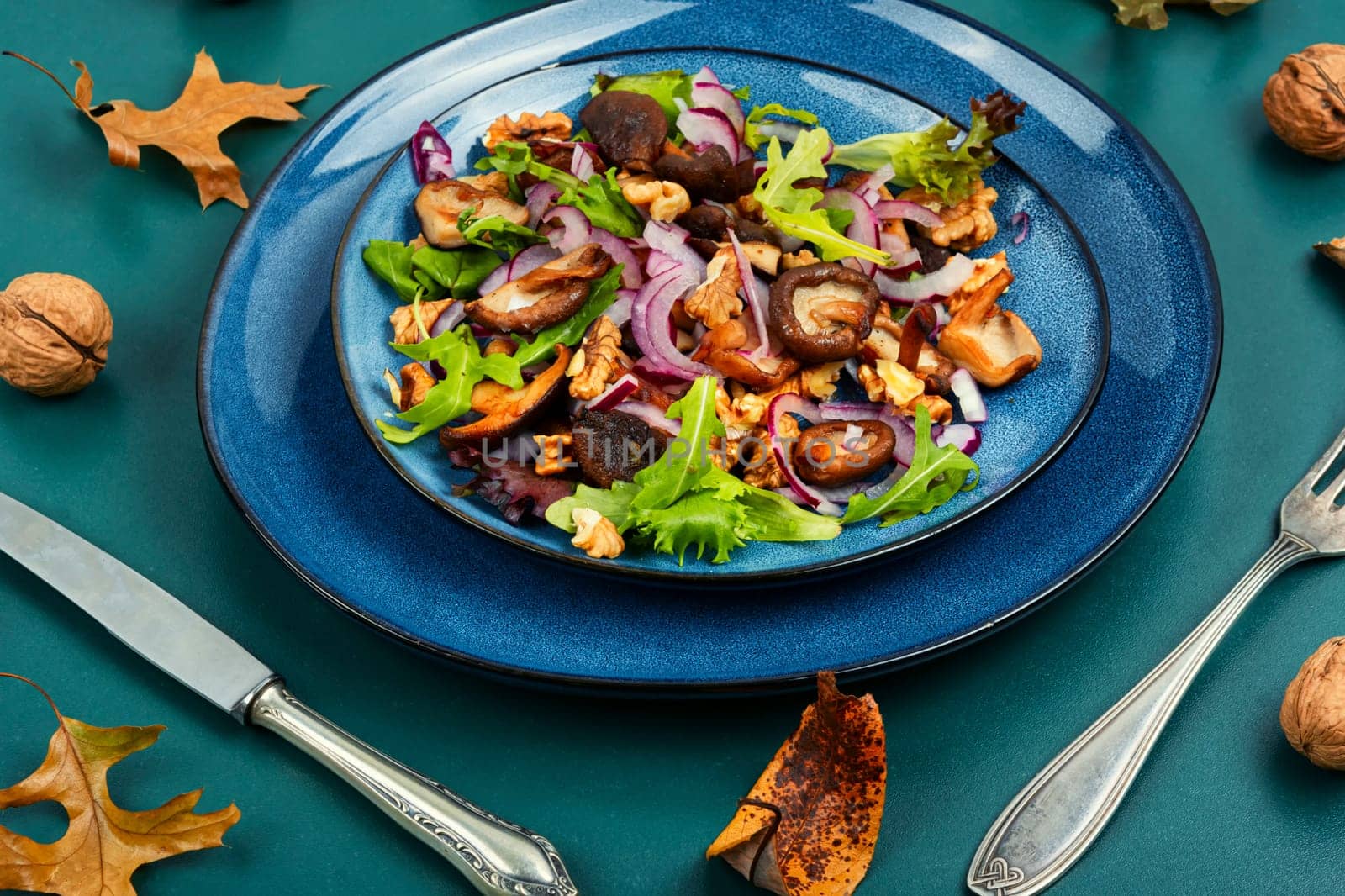 Diet salad with grilled forest mushrooms, onions, green and walnuts. Top view, copy space.