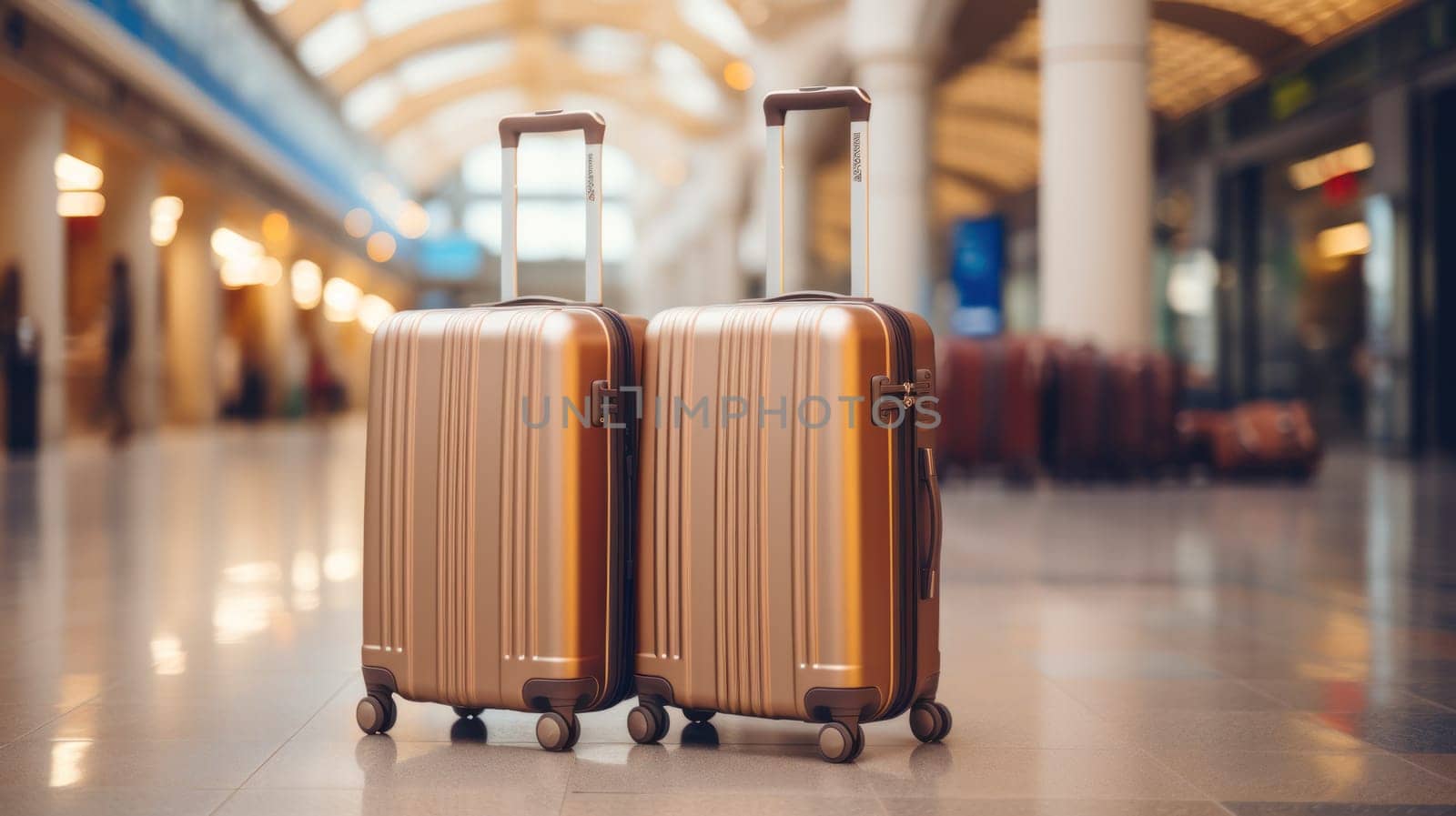 Two stylish golden brown suitcases standing in an empty airport hall, traveler's luggage waiting in the terminal, creative banner for air travel or vacation, panorama with copy space.Generative AI