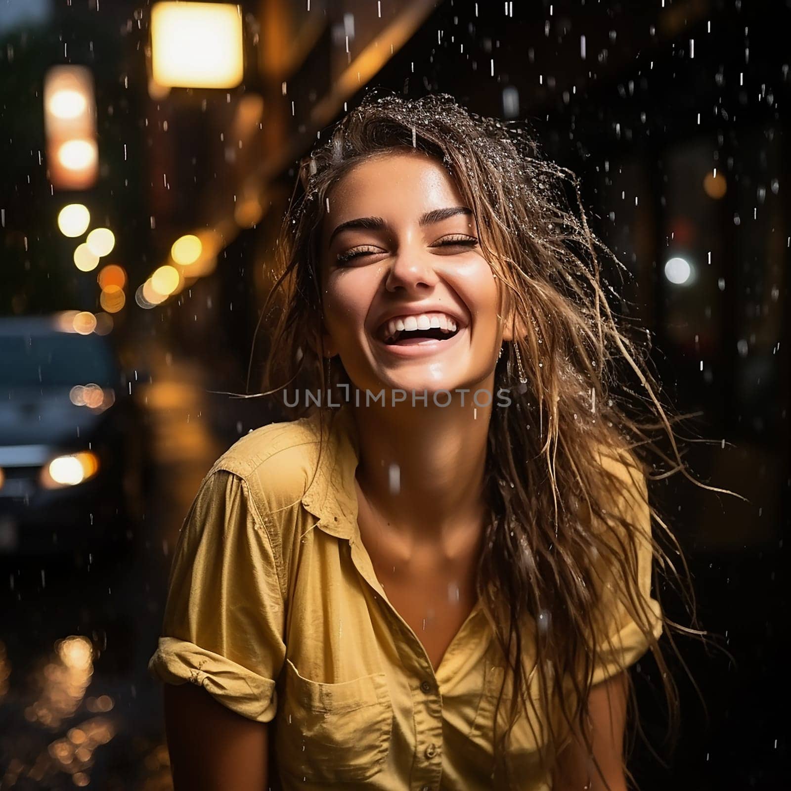 Beautiful young woman laughing in the rain, emotional portrait.Generative AI