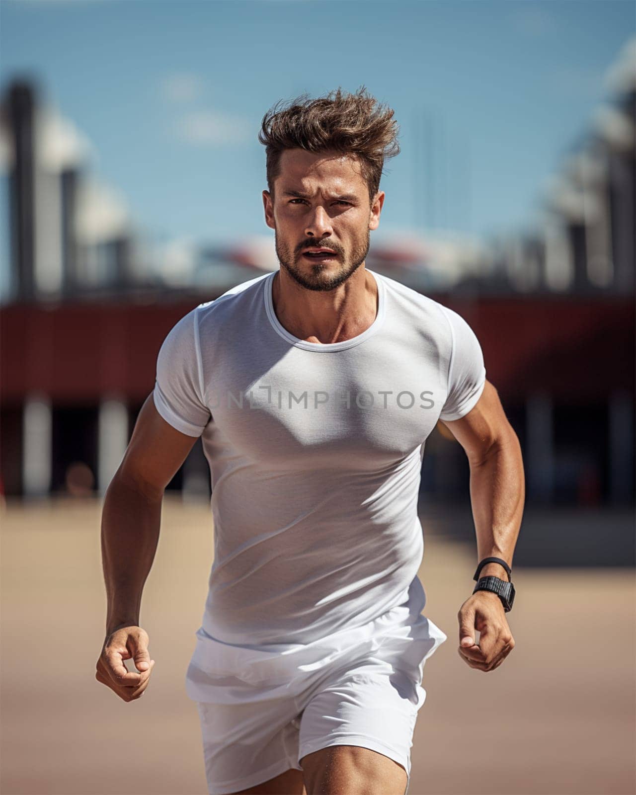 a young sports guy in a white T-shirt runs along the stadium treadmill.Generative AI