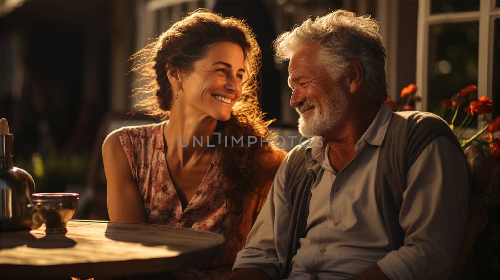 happy beautiful mature couple sitting at a table in the courtyard of their house.Generative AI
