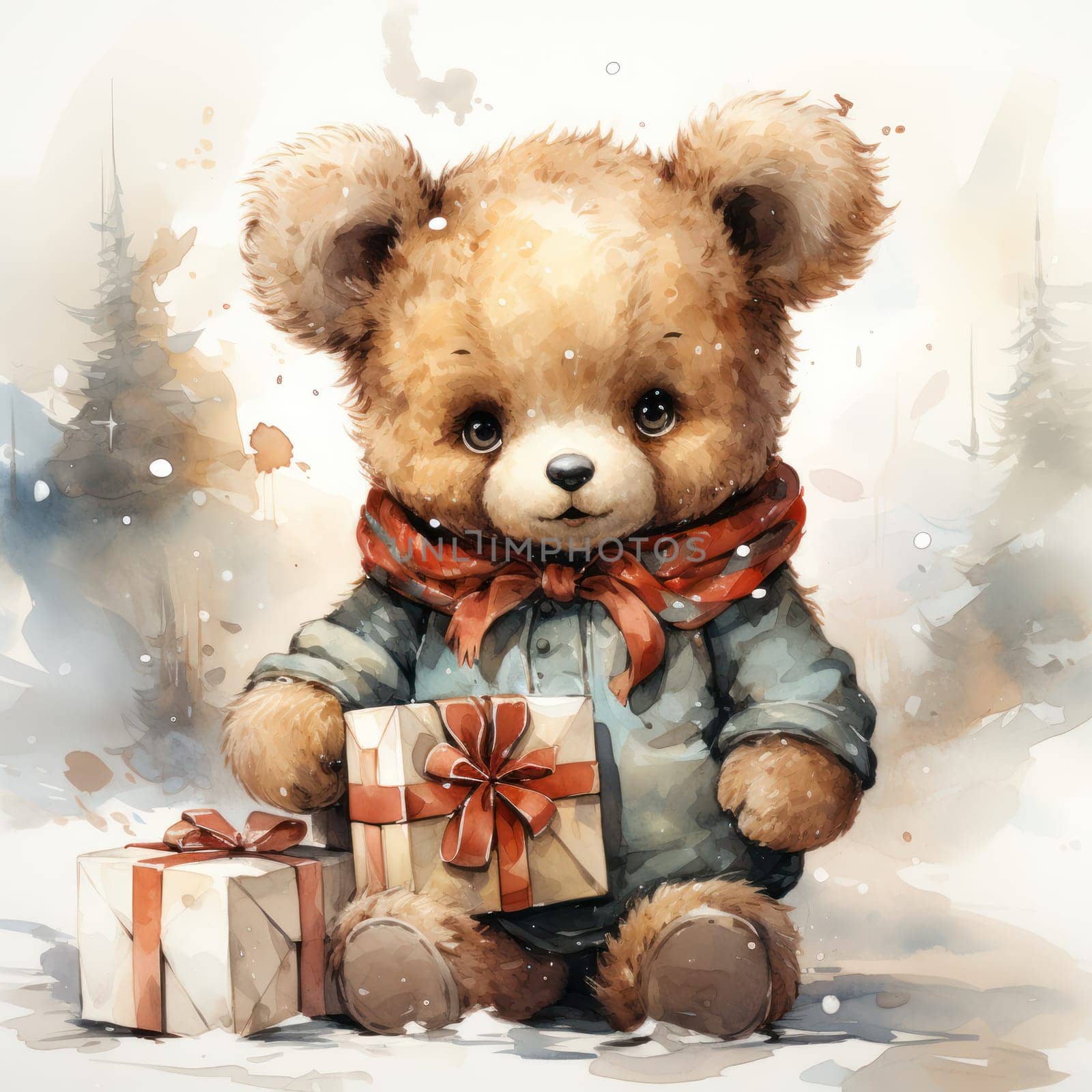 a bear cub in a coat and scarf brings Christmas gifts to his family. a holiday card in Watercolor style.Generative AI