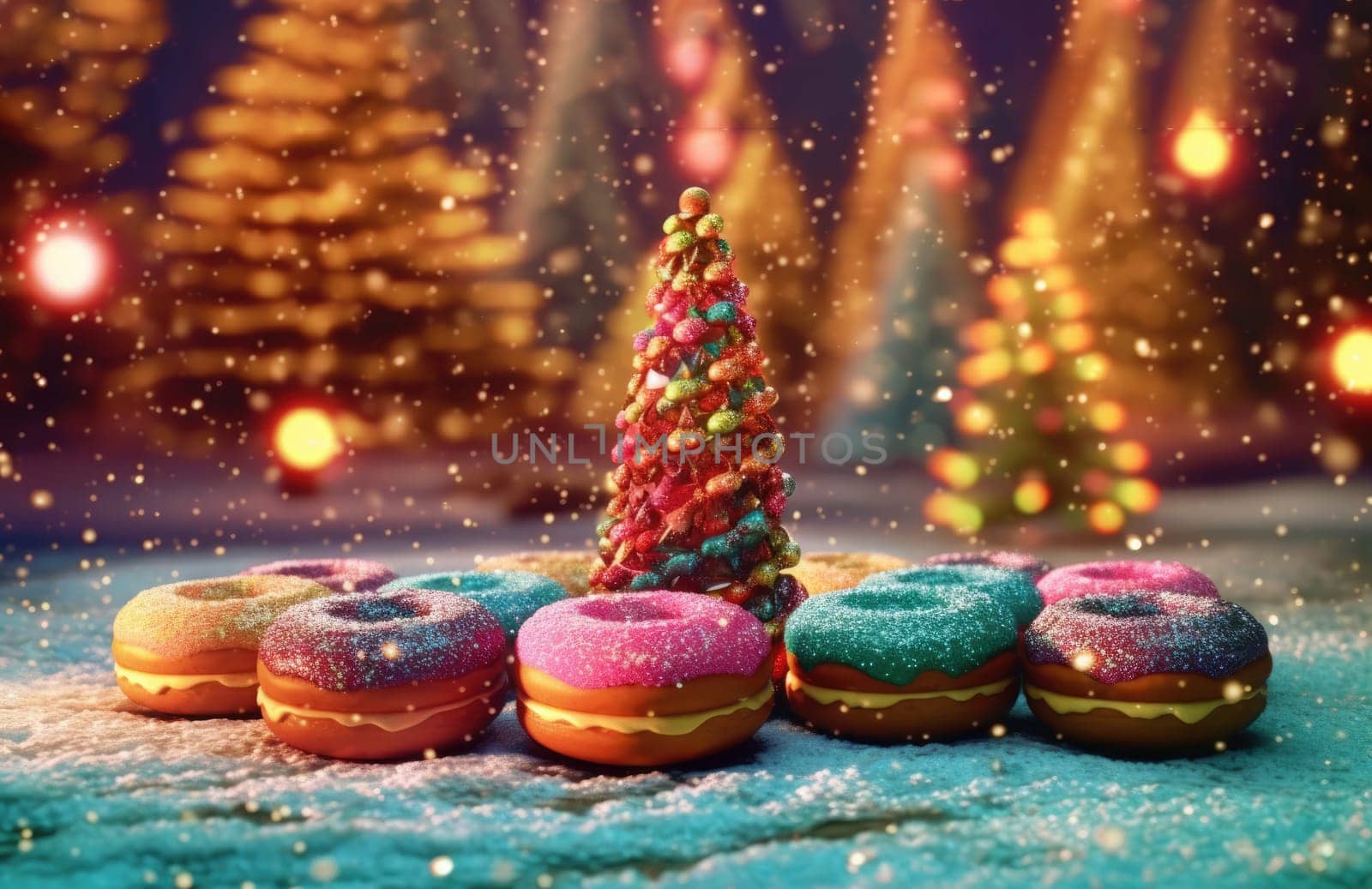 bright illustration of colorful donuts with filling and glaze. Christmas card with place for text.Generative AI