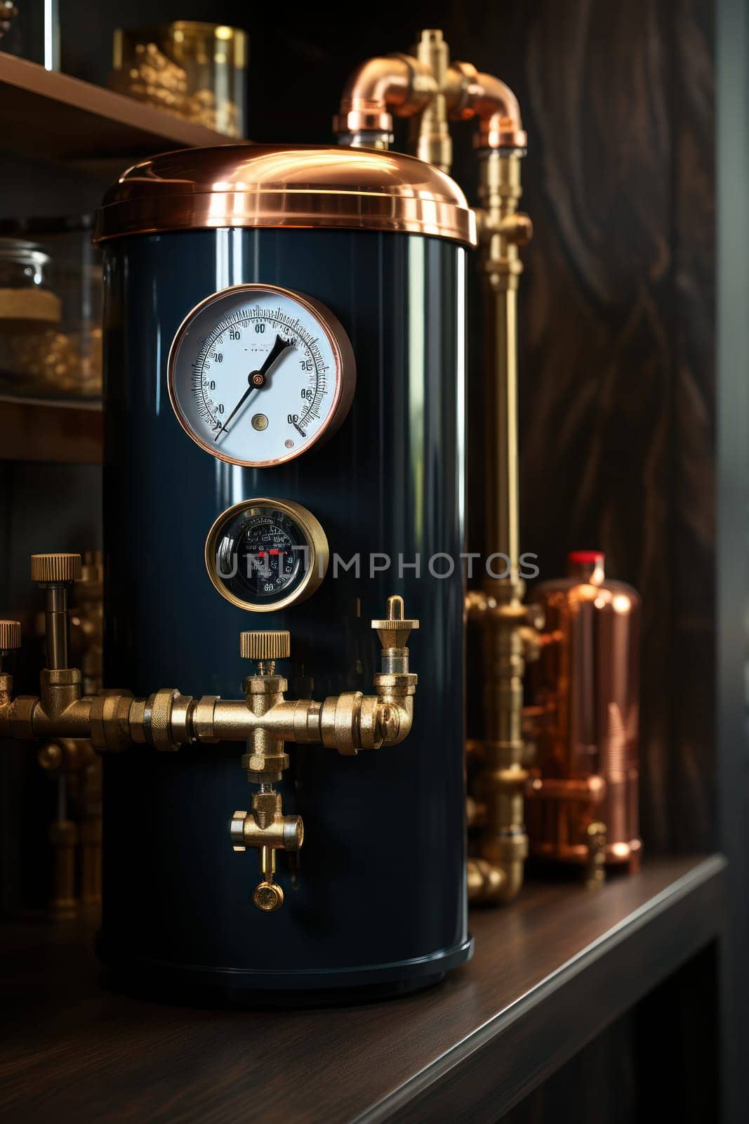 Boiler and expansion tank system, pressure gauge detail. Copper pipeline of the heating system in the technical room.Generative AI