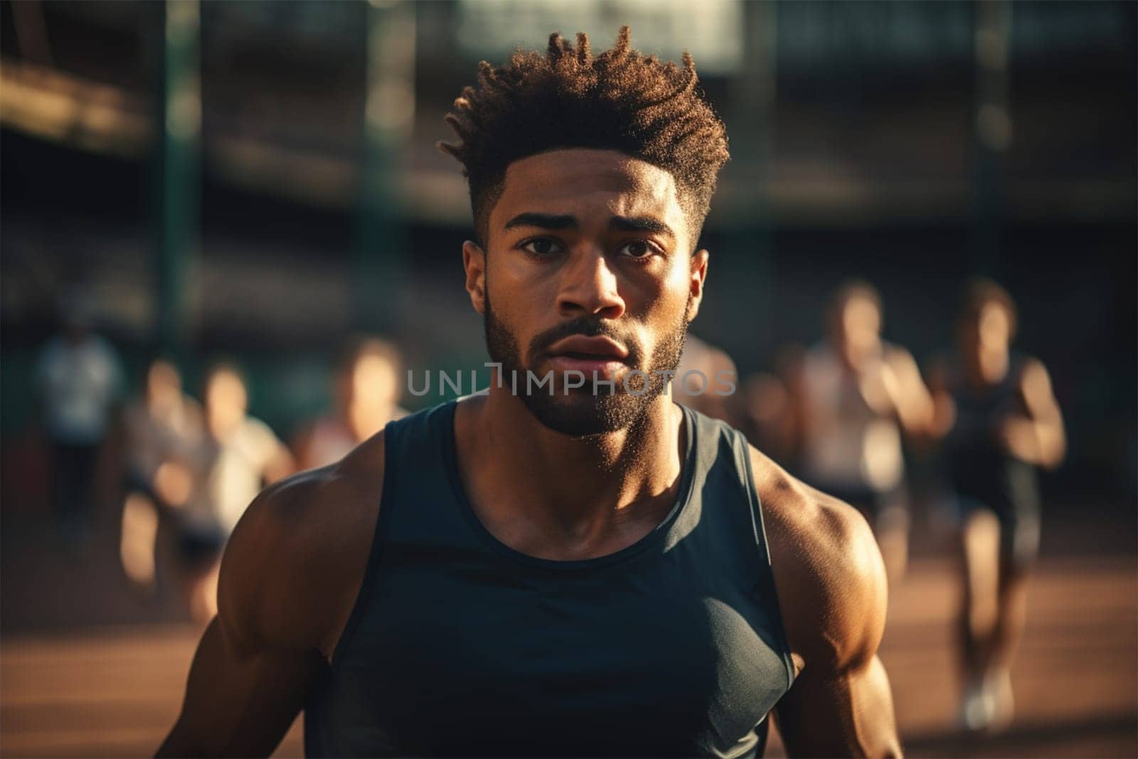African American athlete in a black T-shirt runs on a treadmill at the stadium. competition or training.Generative AI