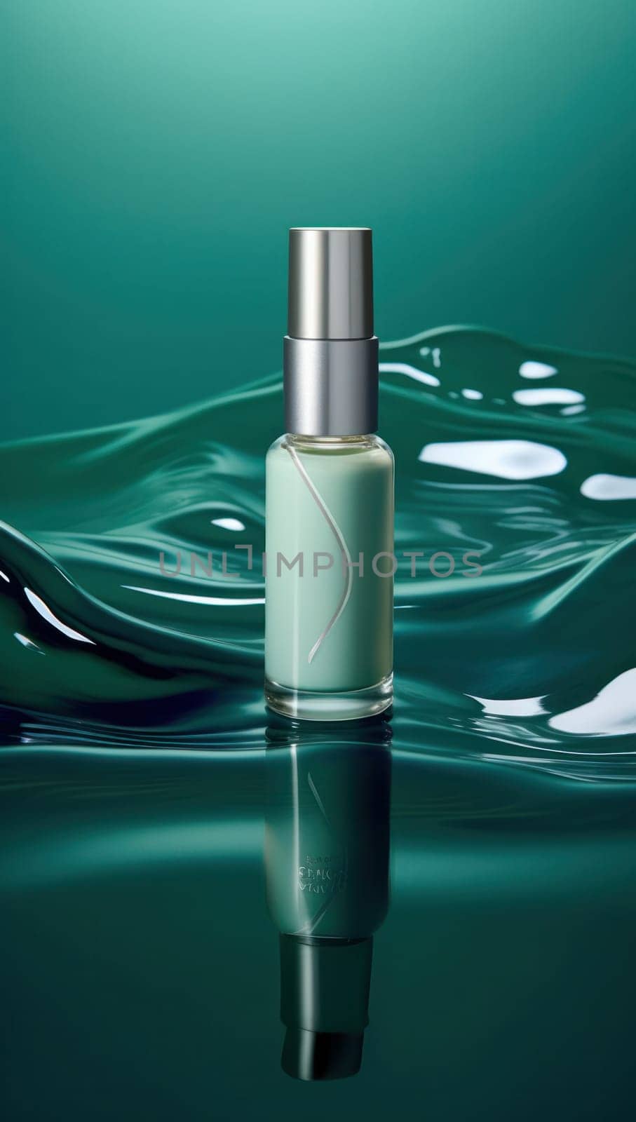 container for cosmetic products on a background of aquamarine colored water. Beauty blog, salon treatment concept, brand packaging in minimalist style.Generative AI
