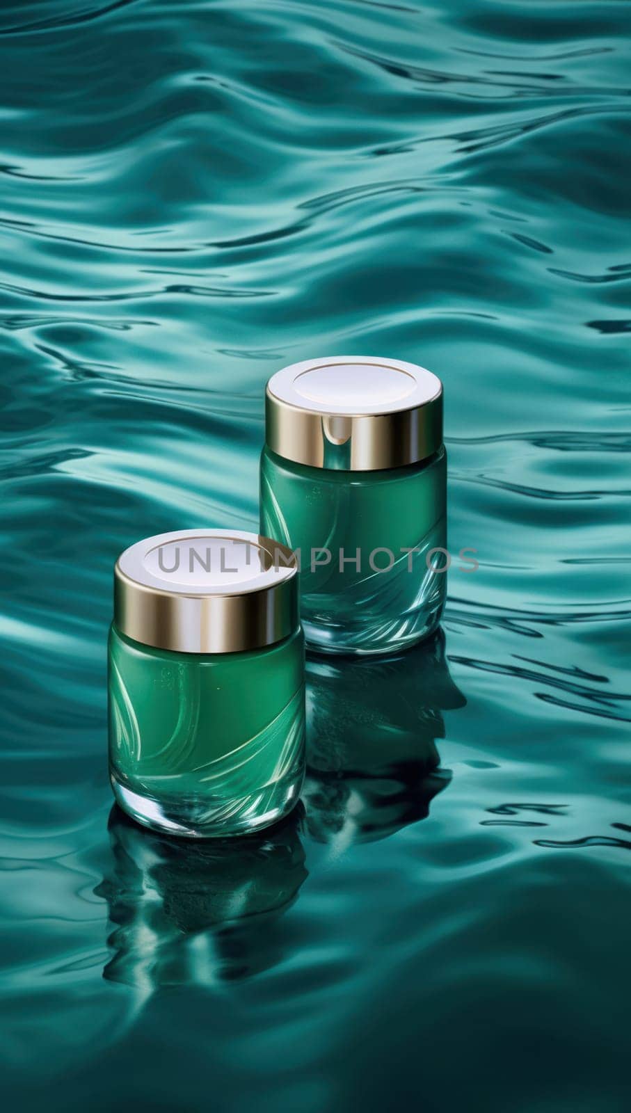 container for cosmetic products on a background of aquamarine colored water. Beauty blog, salon treatment concept, brand packaging in minimalist style.Generative AI