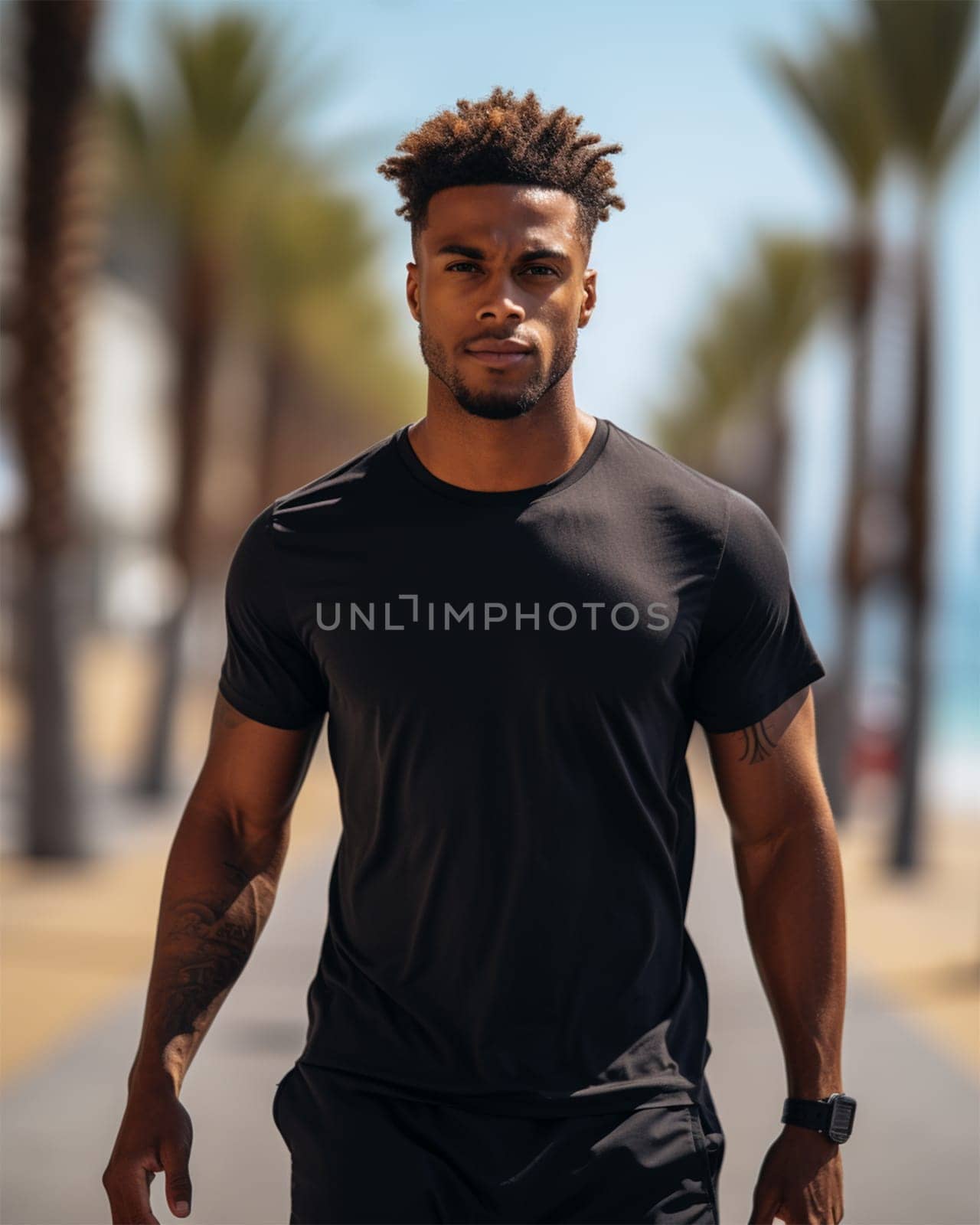 A handsome athletic guy in a black T-shirt running in the morning along the city beach along an alley with palm trees.Generative AI