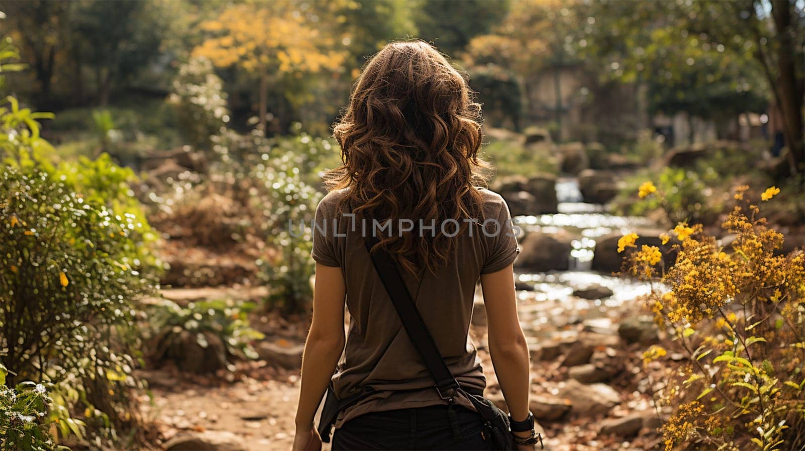 Close-up rear view of a brunette with a shiny wavy long hairstyle against the backdrop of a waterfall in a park.Generative AI