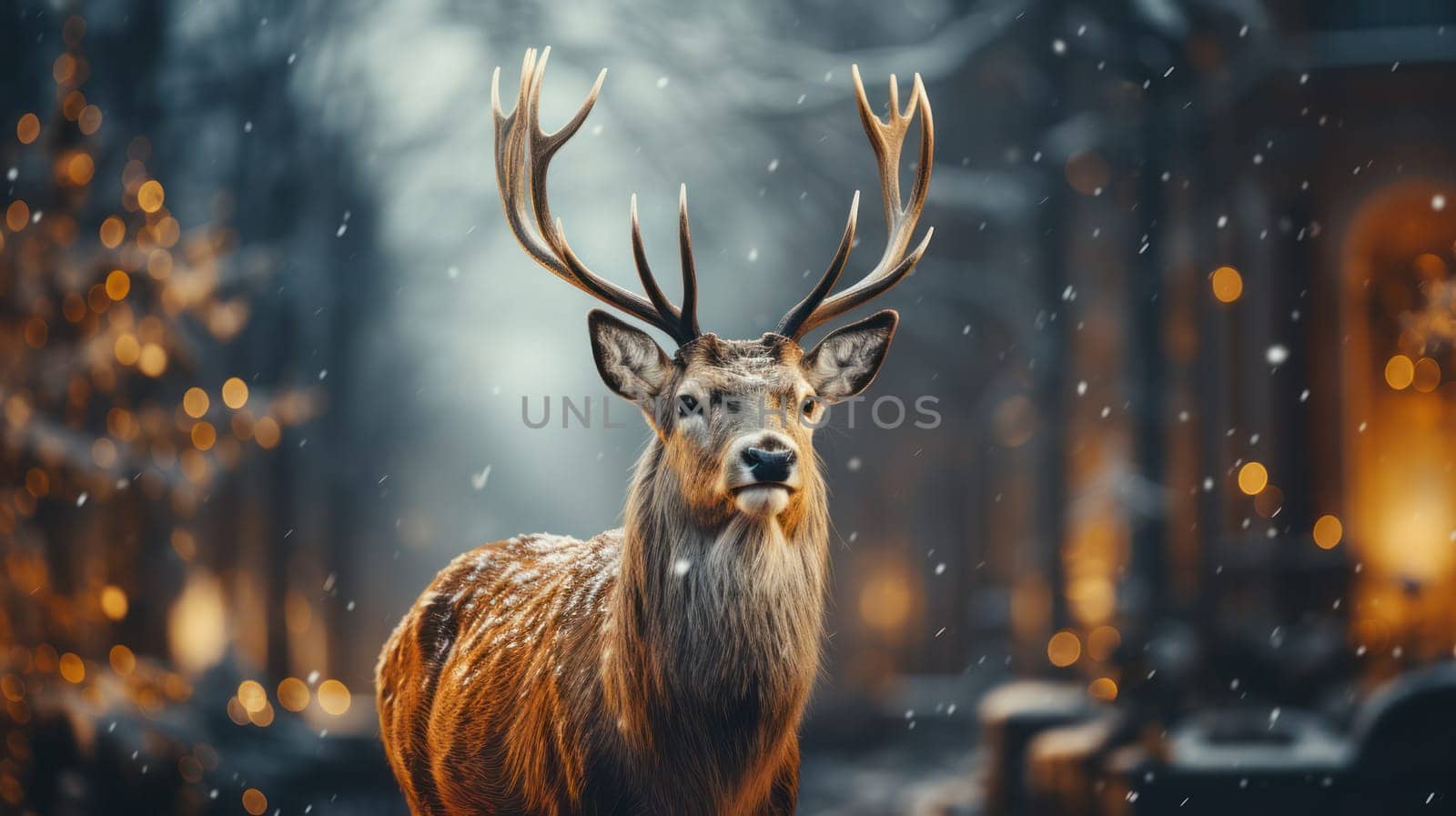 Noble deer male in winter snow forest. Artistic winter Christmas landscape.Generative AI