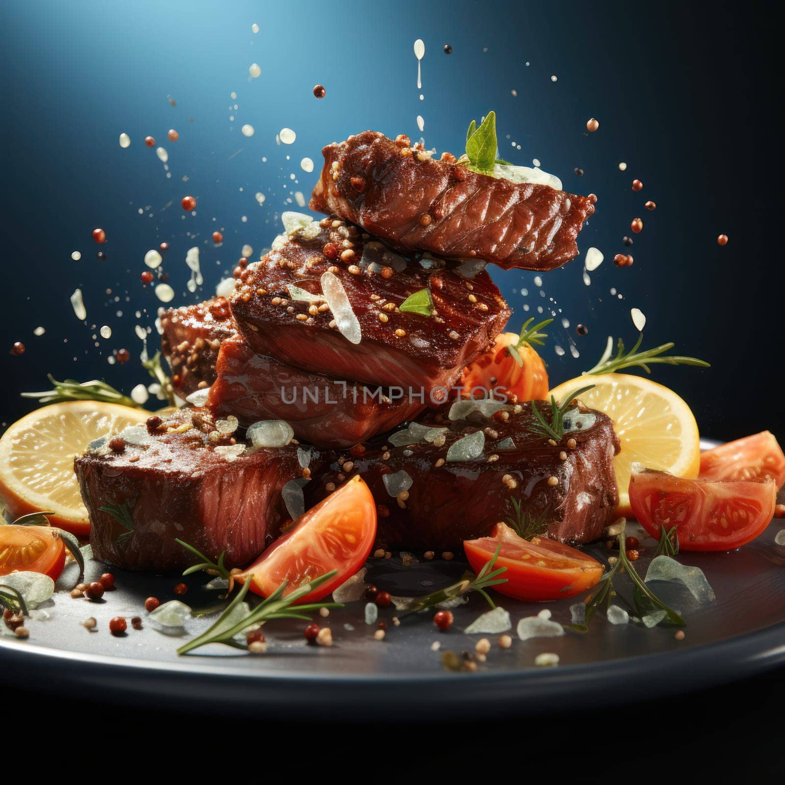 medium-rare beef slices with tomatoes and lemon juice.Generative AI
