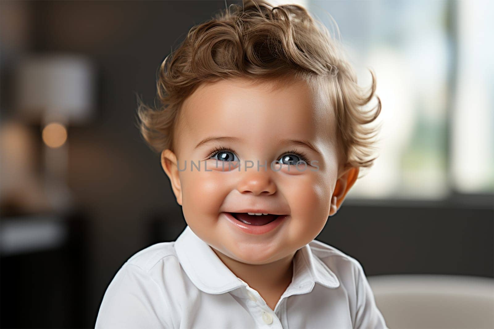 close-up. cheerful curly baby in a white shirt sitting on the sofa looking at the camera.Generative AI
