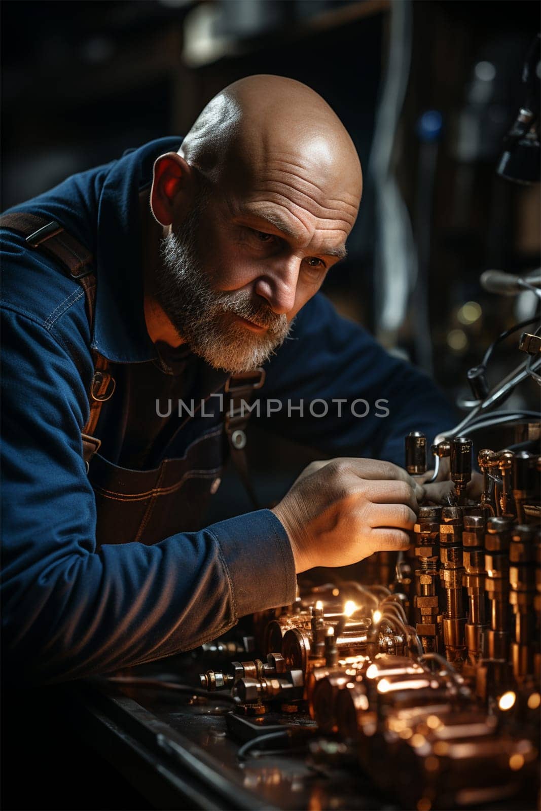 a master in overalls repairs a device made of copper and brass.Generative AI