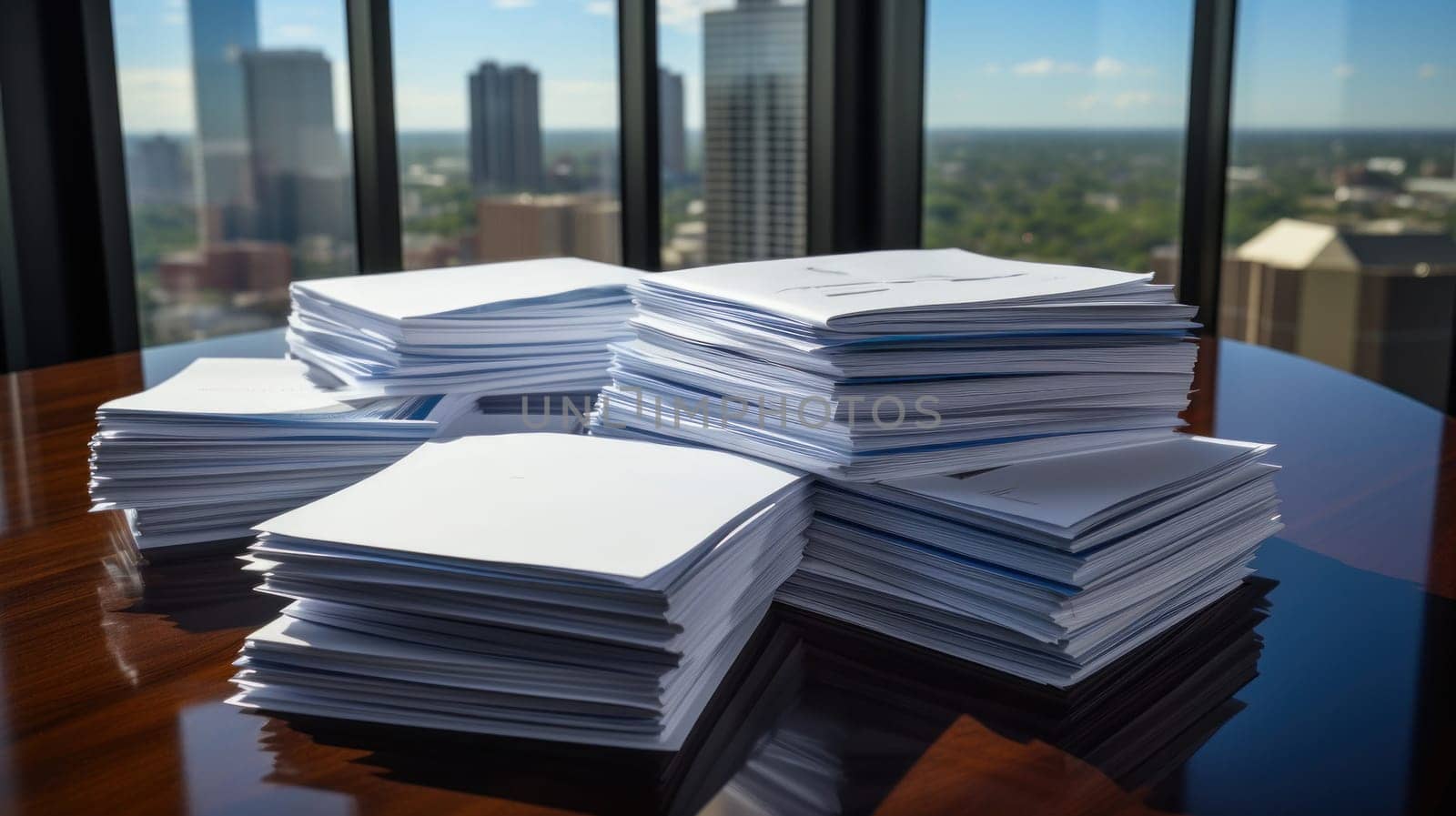 Stacks of paper on a desktop in a high-rise office against the backdrop of the city .Generative AI