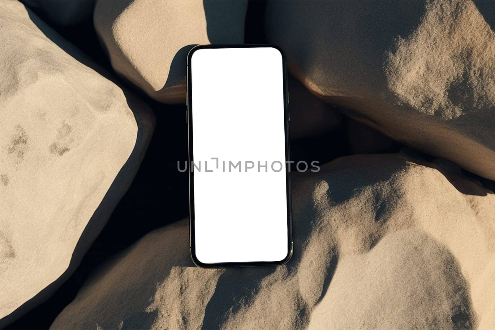 Flatlay phone on sand-colored stones. Free space for text, mockup. Aesthetic elegant picture for social networks.Generative AI