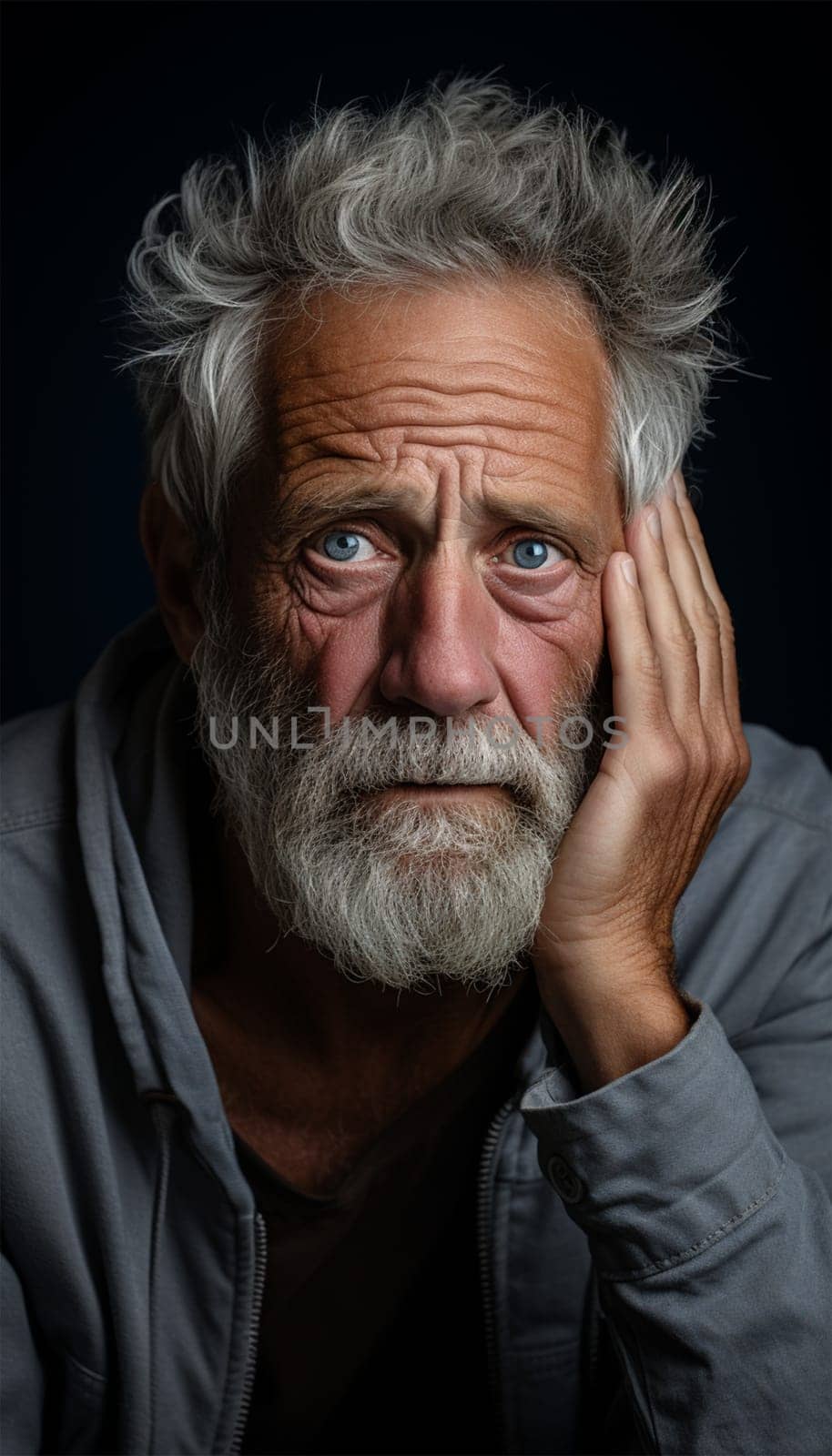 sad elderly gray-haired man holding his head. emotions of fatigue and confusion. Mental and physical health. .Generative AI