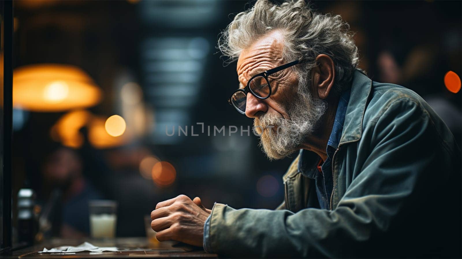 lonely gray-haired and sad old man sitting in a bar on a blurred background. loneliness concept.Generative AI