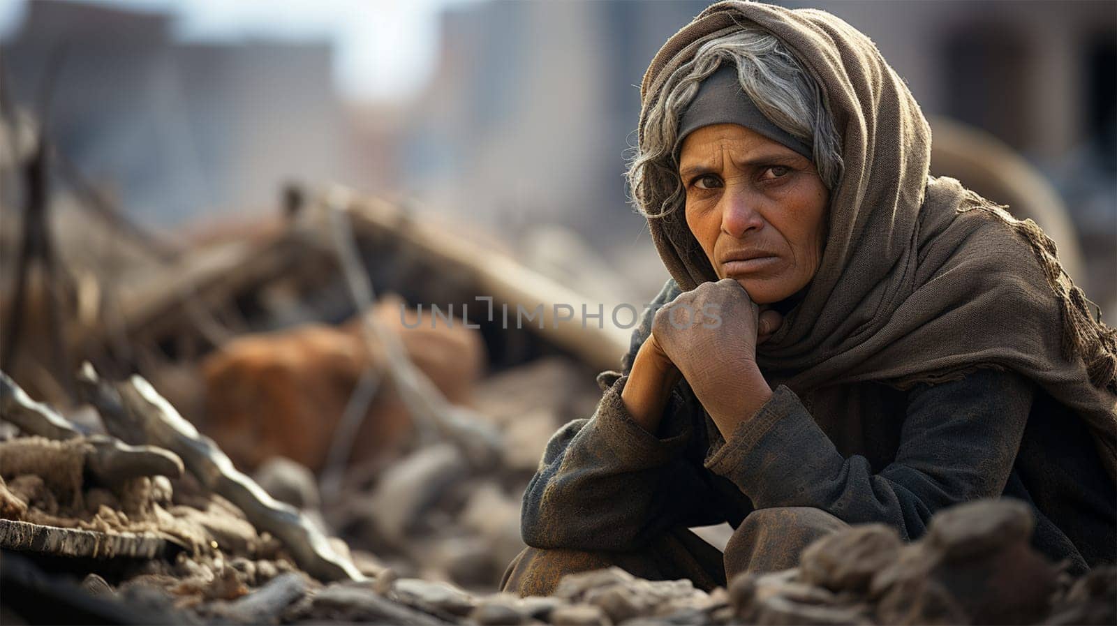 a shocked woman sits on the ruins of a house in a city destroyed by an earthquake or war.Generative AI