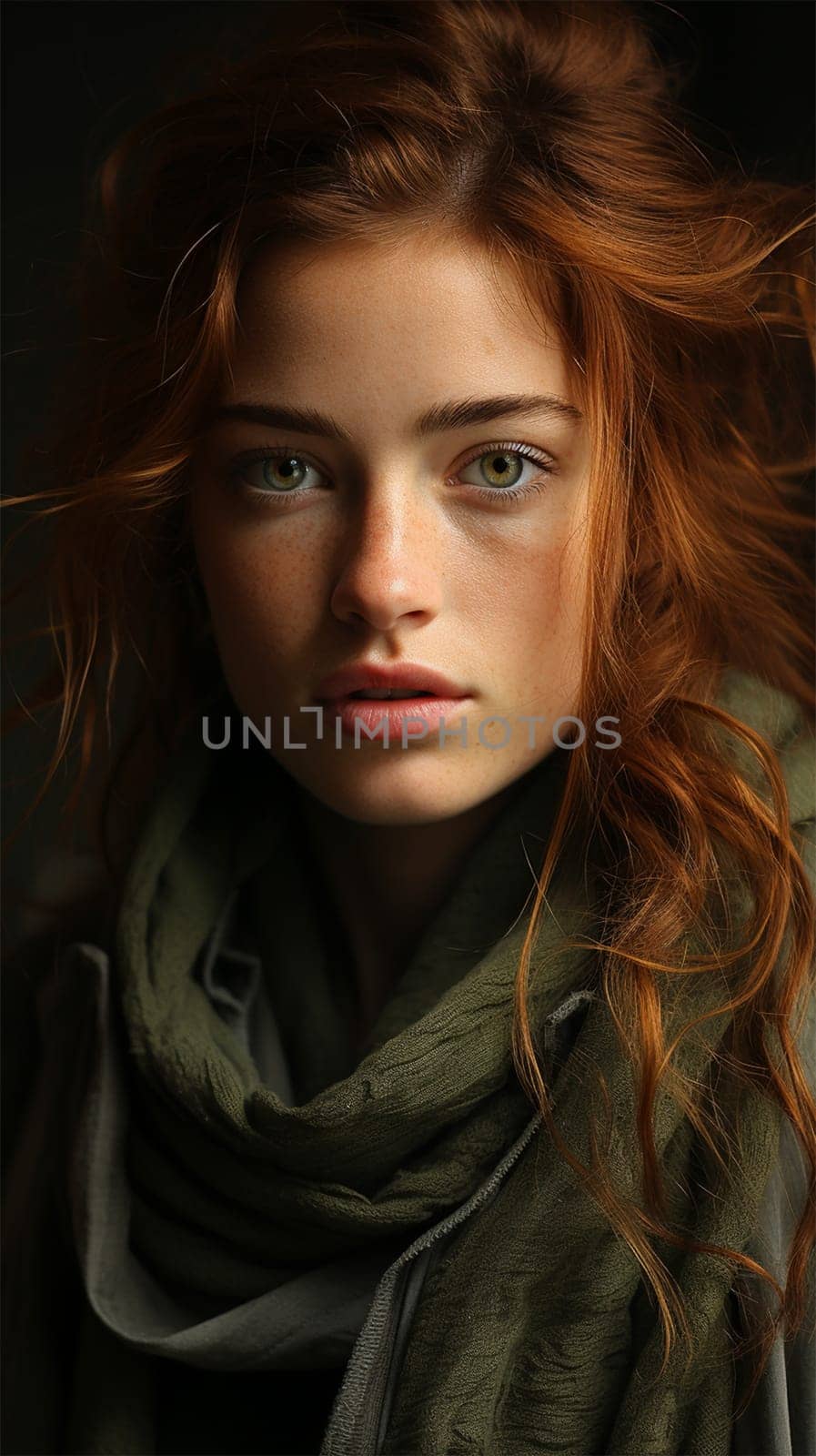 portrait of freckled redhead woman looking at camera, isolated on black.Generative AI