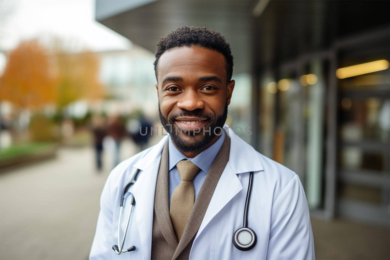 young smiling doctor in a robe and with a stethoscope near the clinic .Generative AI