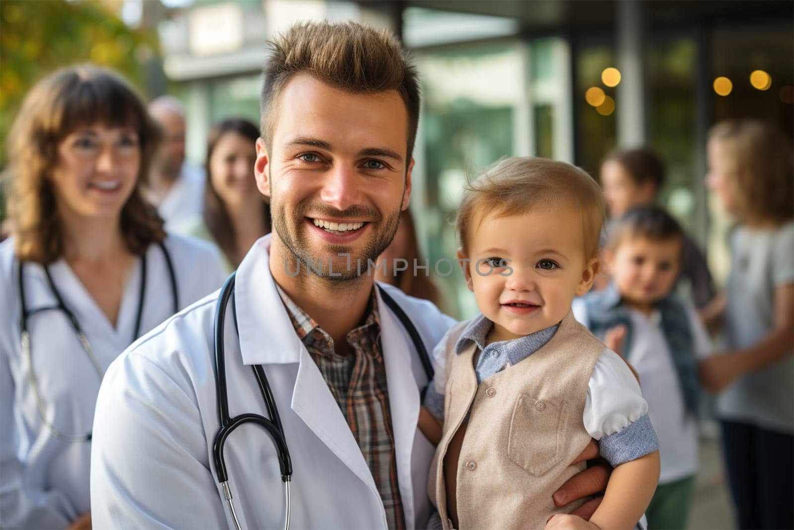 young smiling children's doctor in a robe and with a stethoscope with a baby in his arms in the courtyard of the clinic.Generative AI