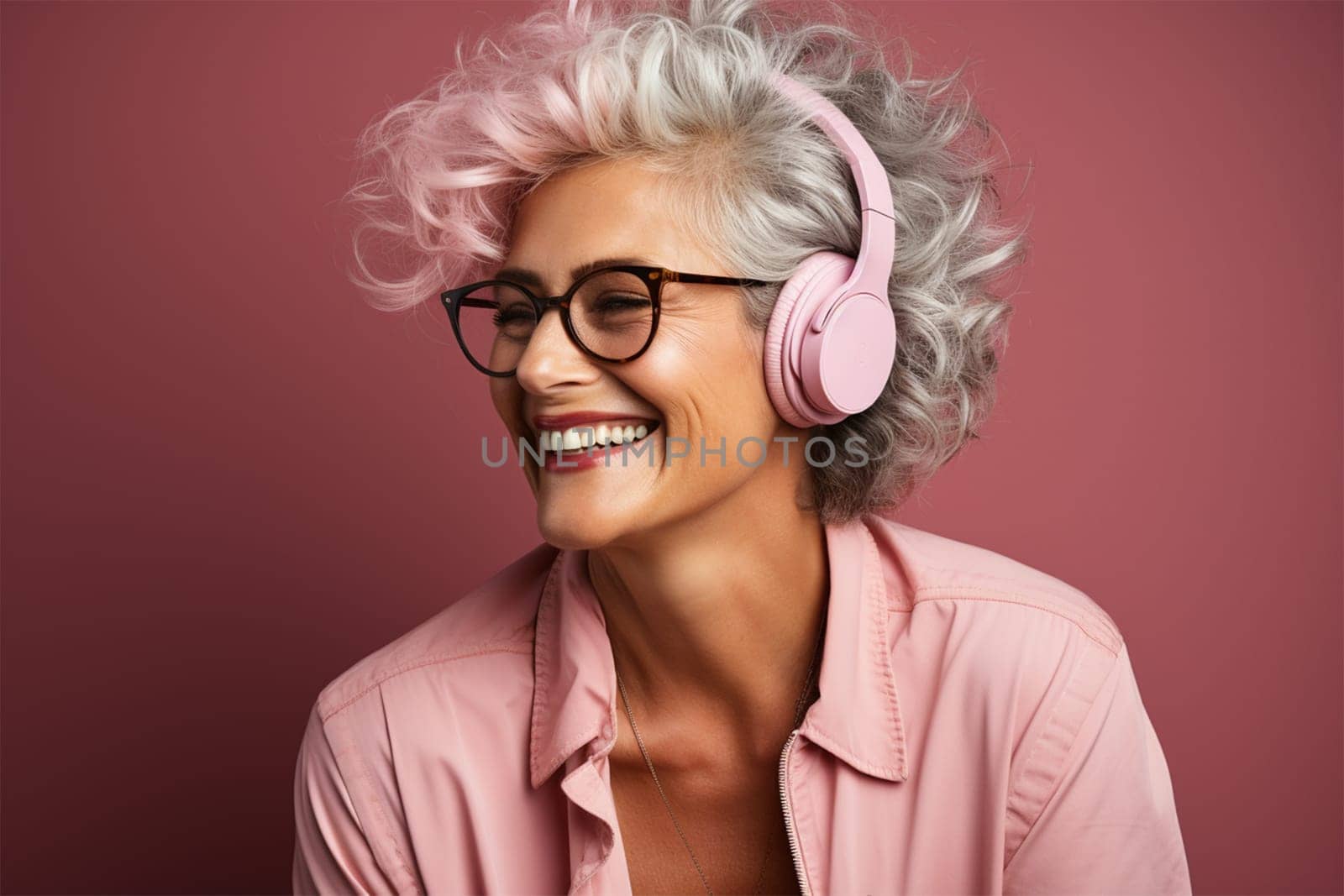 beautiful and cheerful gray-haired woman in glasses, pink clothes and headphones, on a color background