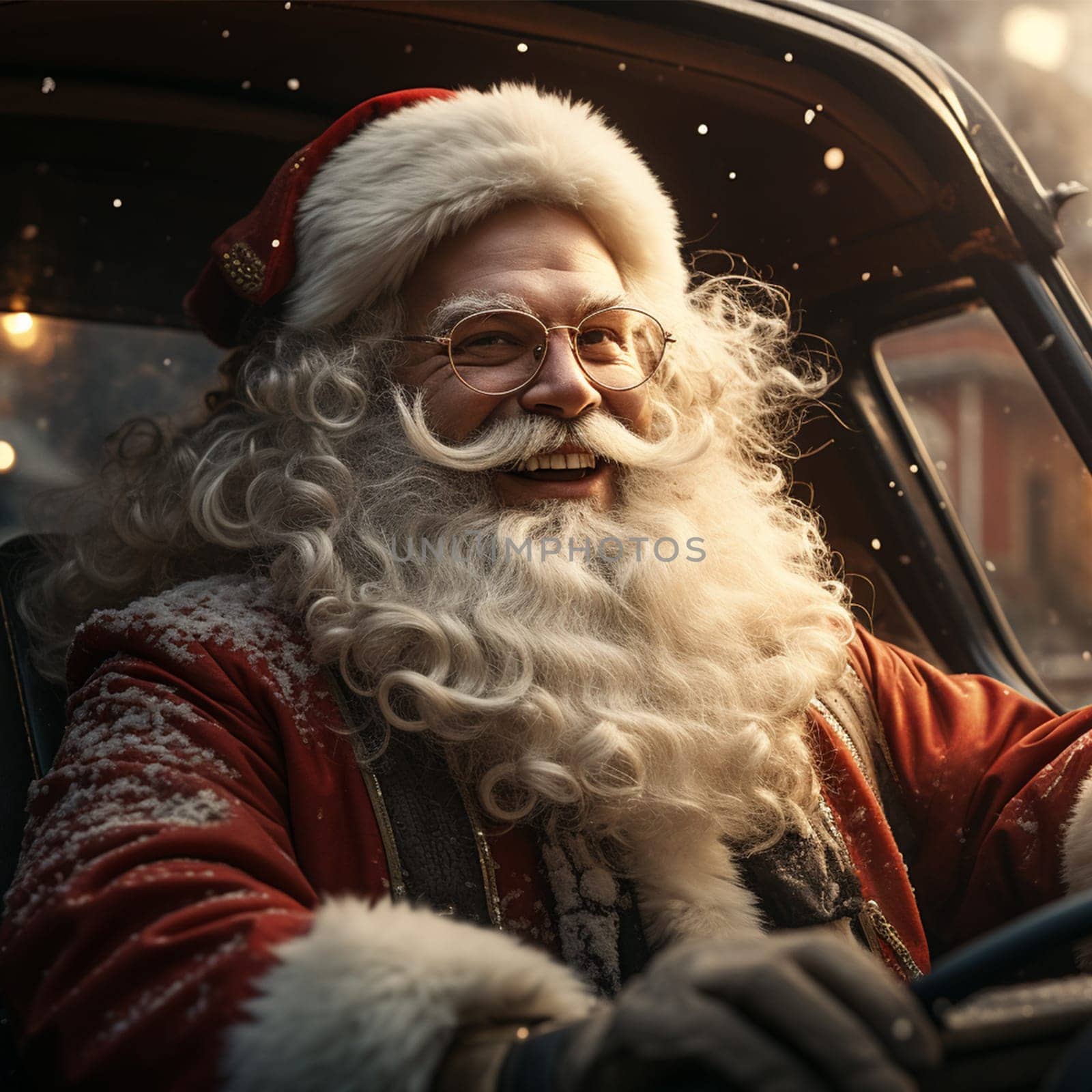 Santa Claus in a stylized retro car with embroidery and with ethnic elements on clothes.