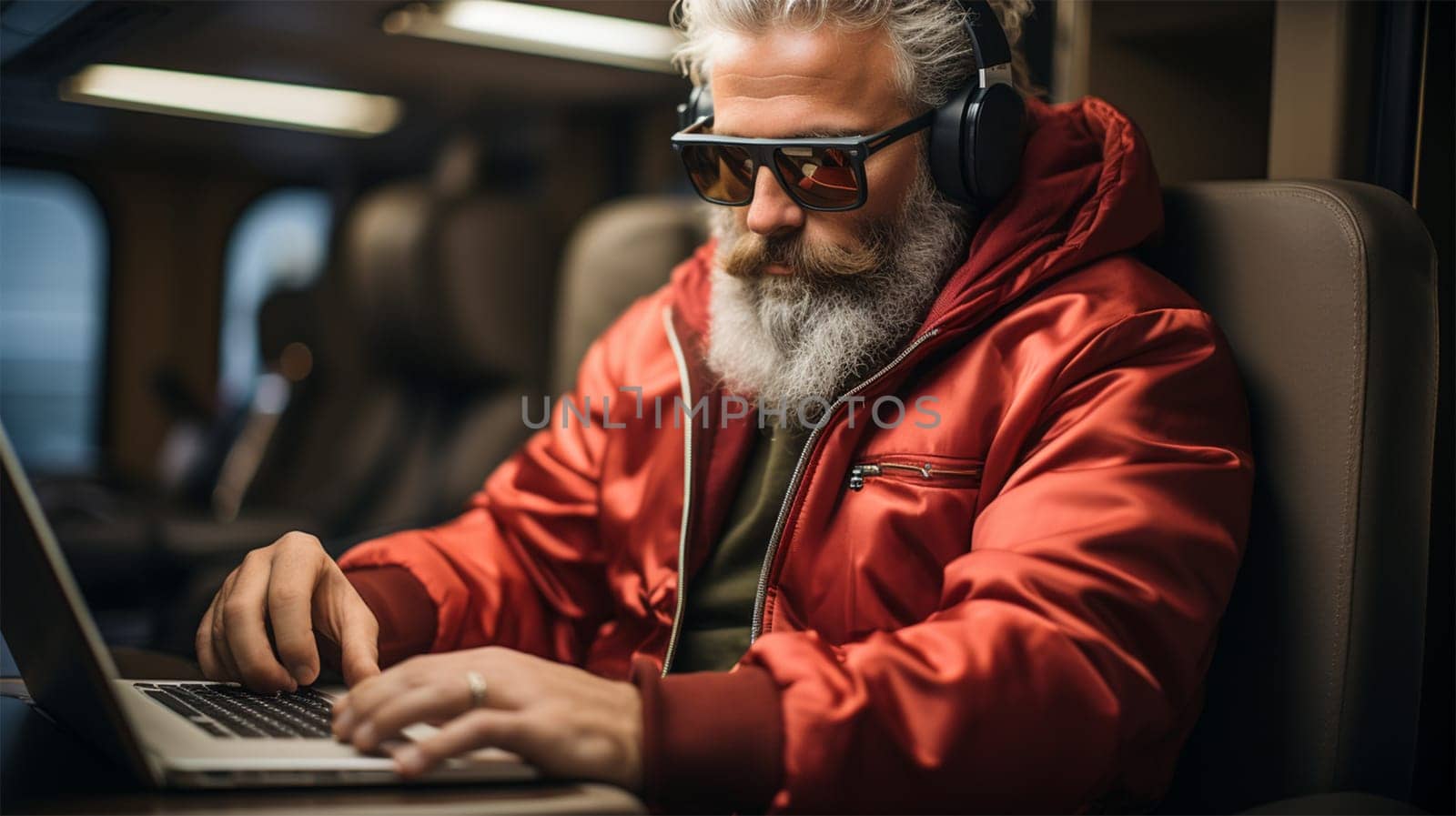 Santa Claus in modern clothes in a red jacket flies in business class and works on the computer. Holiday and transport concept