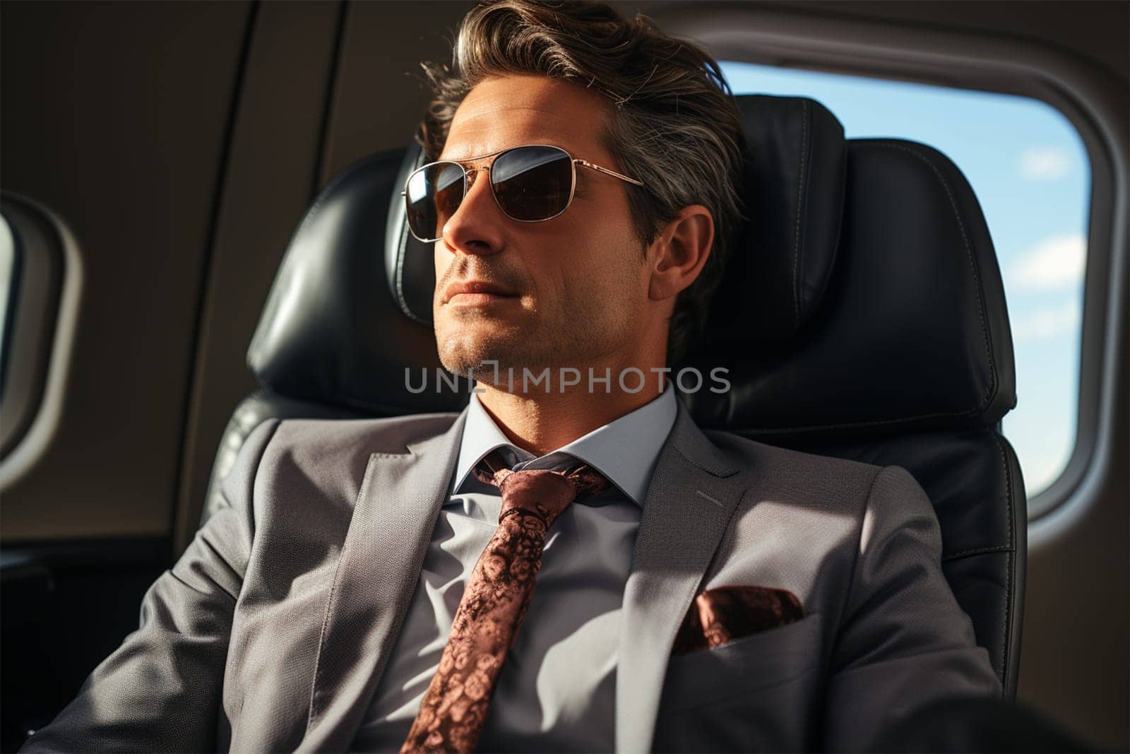 A businessman flies in business class or his private jet. Business and transport concept