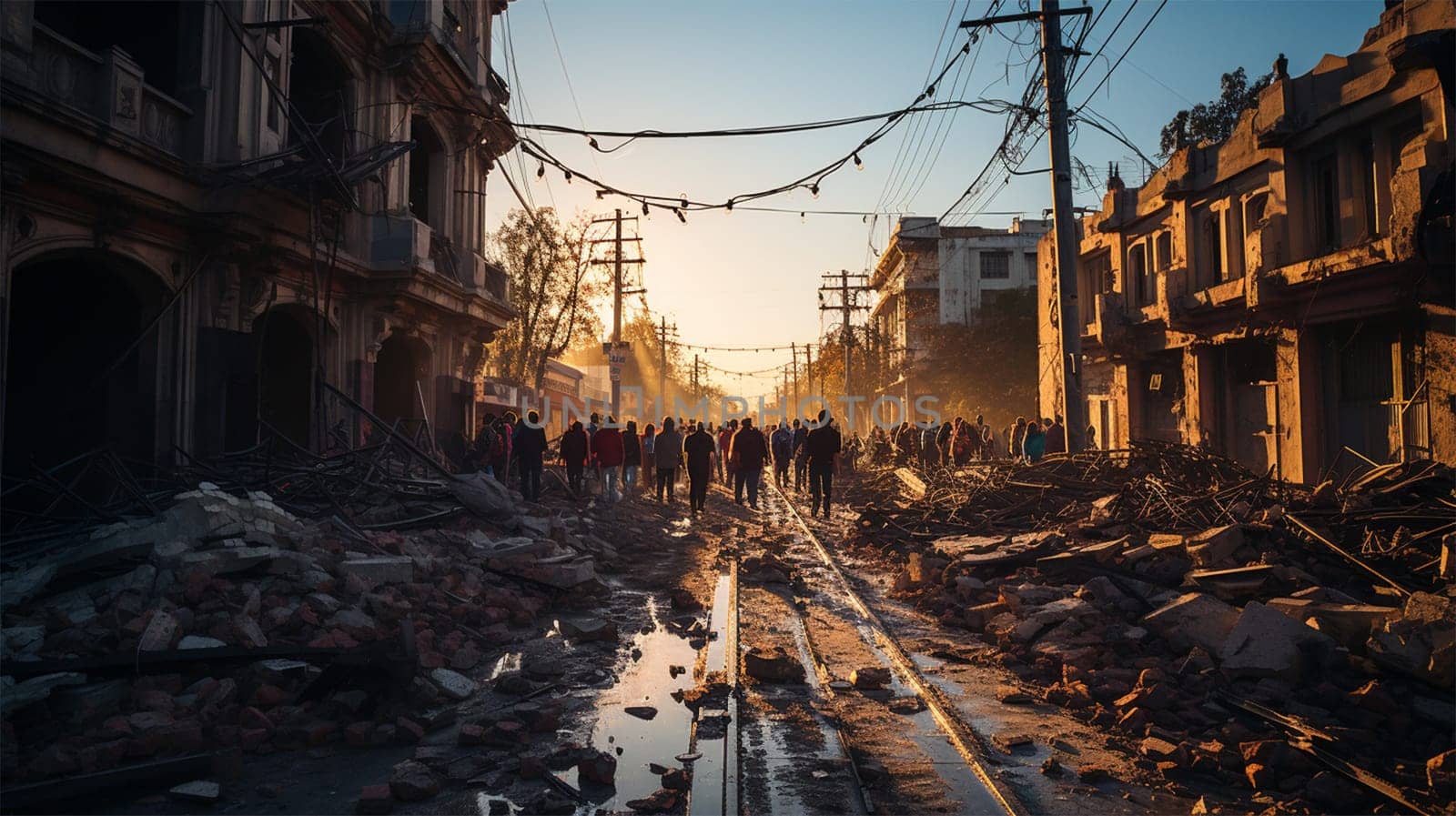 people stand on the street of a destroyed city, Ruins after an earthquake or bomb explosions.Generative AI