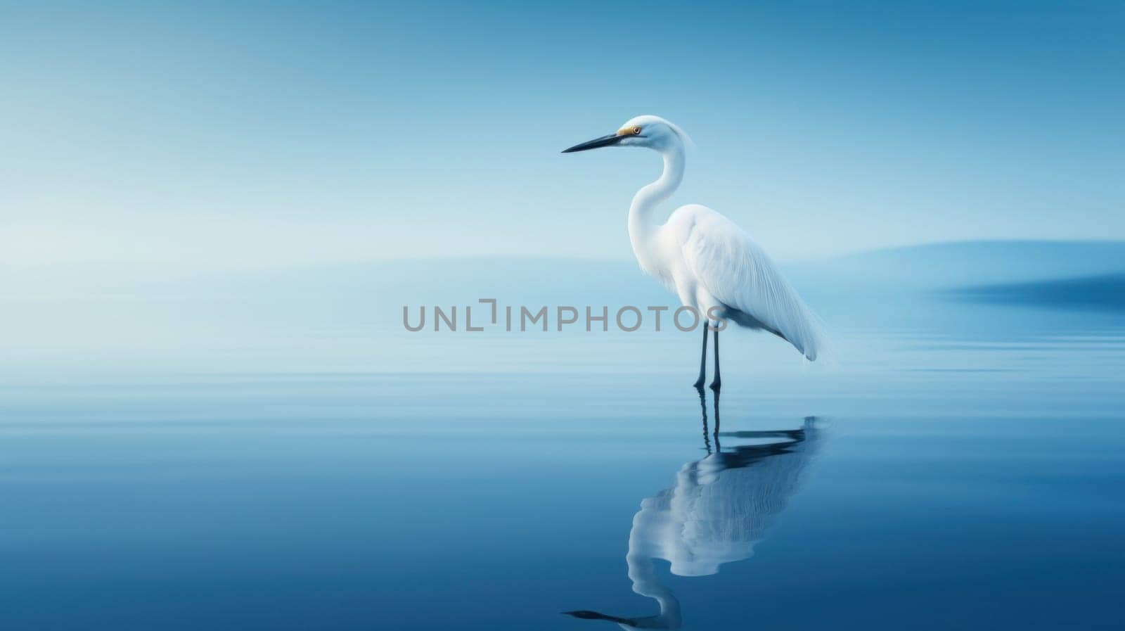 Shallow azure water reflecting a standing heron white. natural background .Generative AI