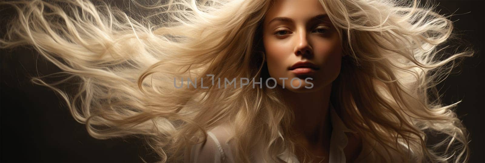 sensual portrait of a blonde with flying hair. banner or poster for a beauty salon.Generative AI
