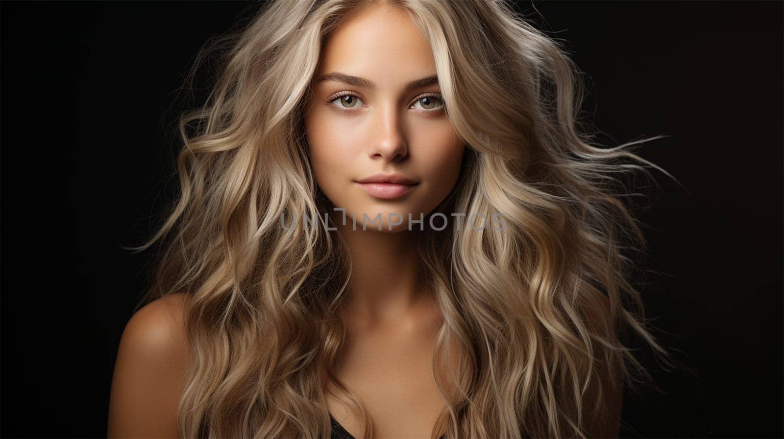 Beautiful smiling woman with long blonde wavy hair on a black background. Girl with beautiful hairstyle. content for a beauty salon and spa center. .Generative AI