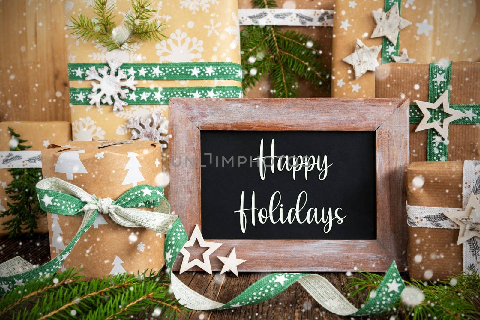 Text Happy Holidays On A Chalkboard With Sustainable Winter Decoration, Green, Eco-Friendly Christmas Background